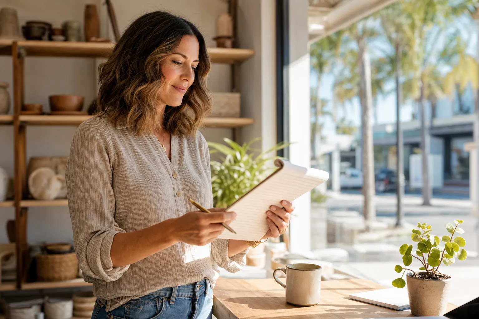 Sarasota business owner reviewing a quarterly marketing plan at a bright, sunlit desk with a notepad and coffee