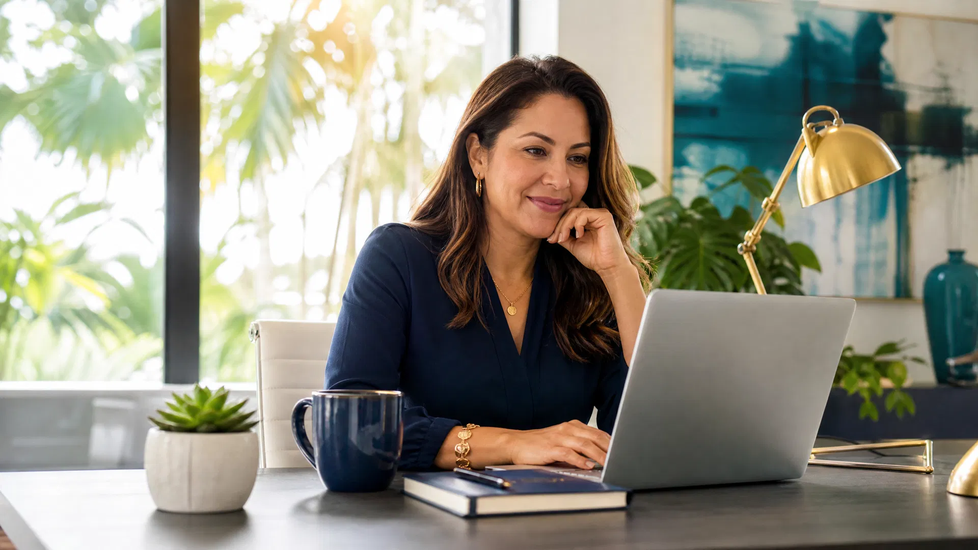 Sarasota small business owner reviewing AI-generated content on a laptop in a bright sunlit Florida office with tropical plants