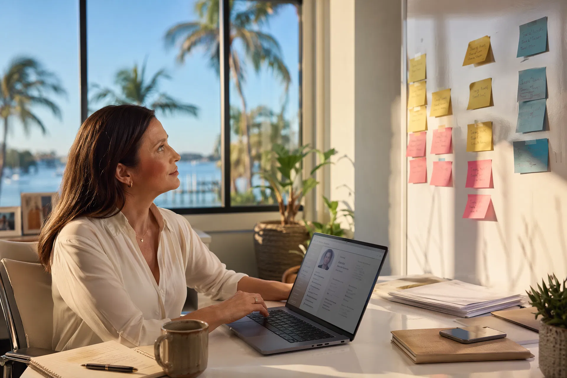 Sarasota business owner working with AI tools on a laptop in a bright, modern office to build a customer profile