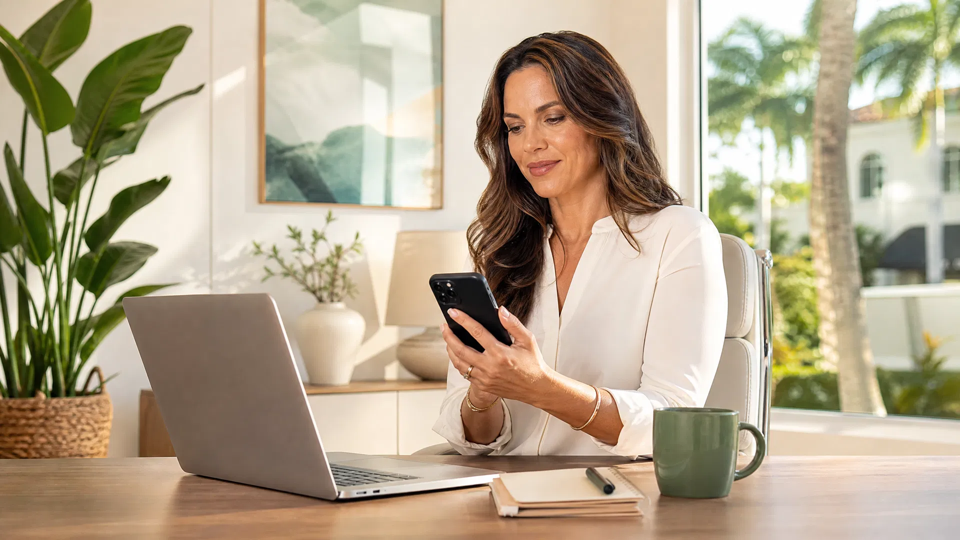 Sarasota business owner reviewing AI lead follow-up messages on her phone in a sunlit Florida office