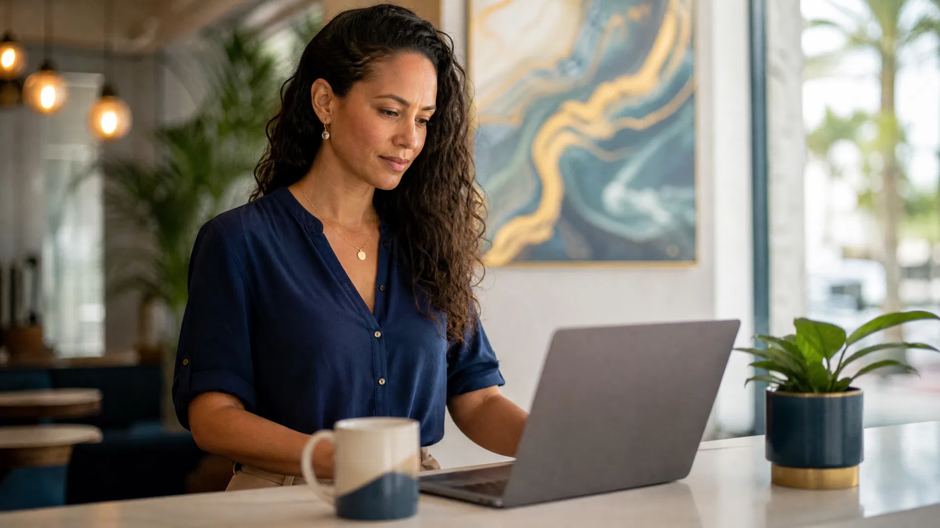 Sarasota business owner reviewing AI search results on a laptop in a bright modern office