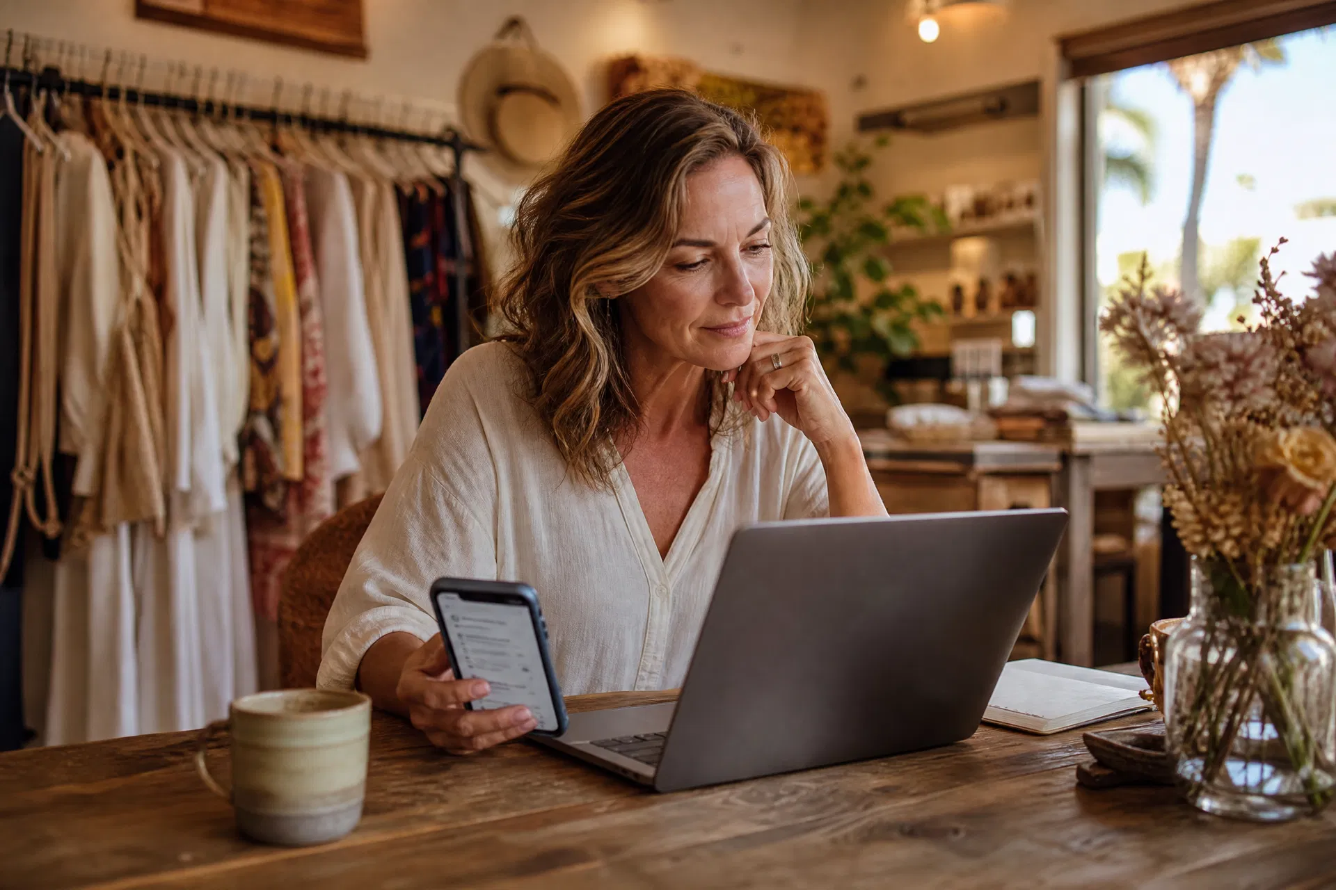 Small business owner in Sarasota reviewing website and AI search results on laptop and phone