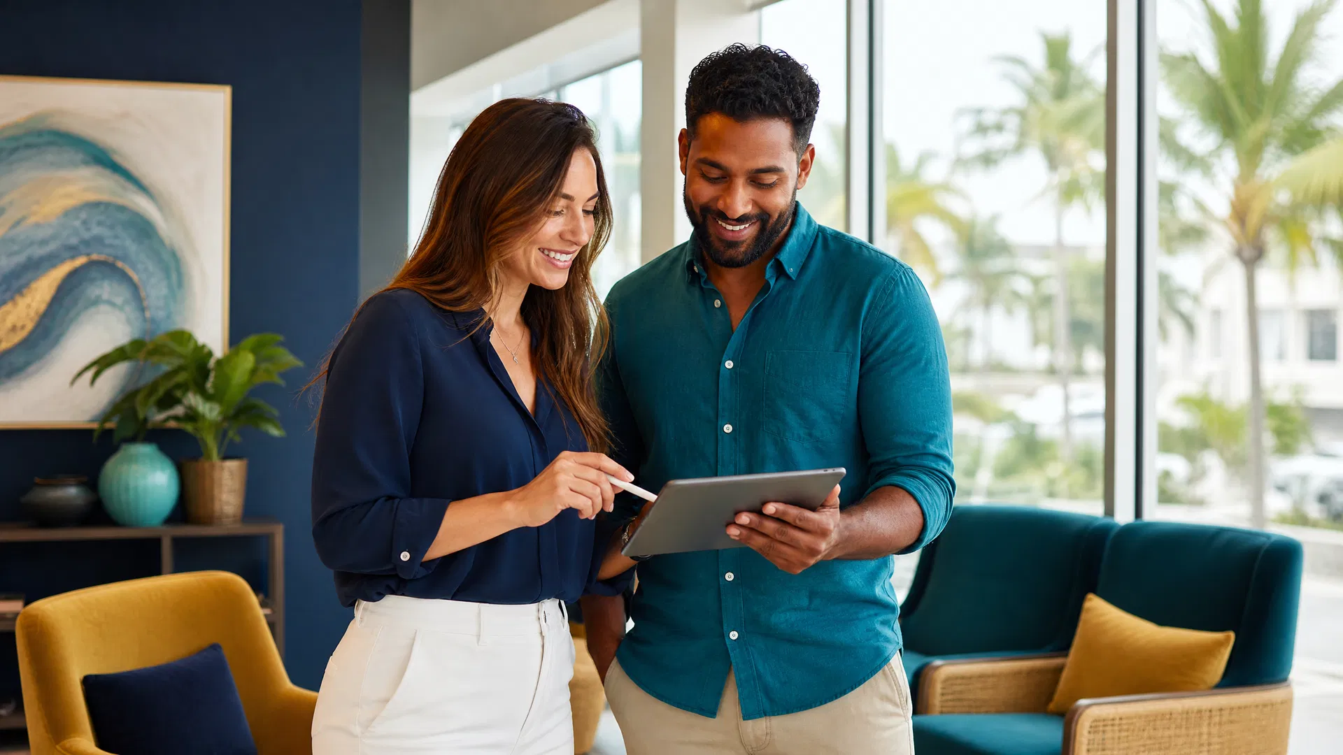Marketing professional reviewing AI search visibility data on a laptop in a modern Sarasota office