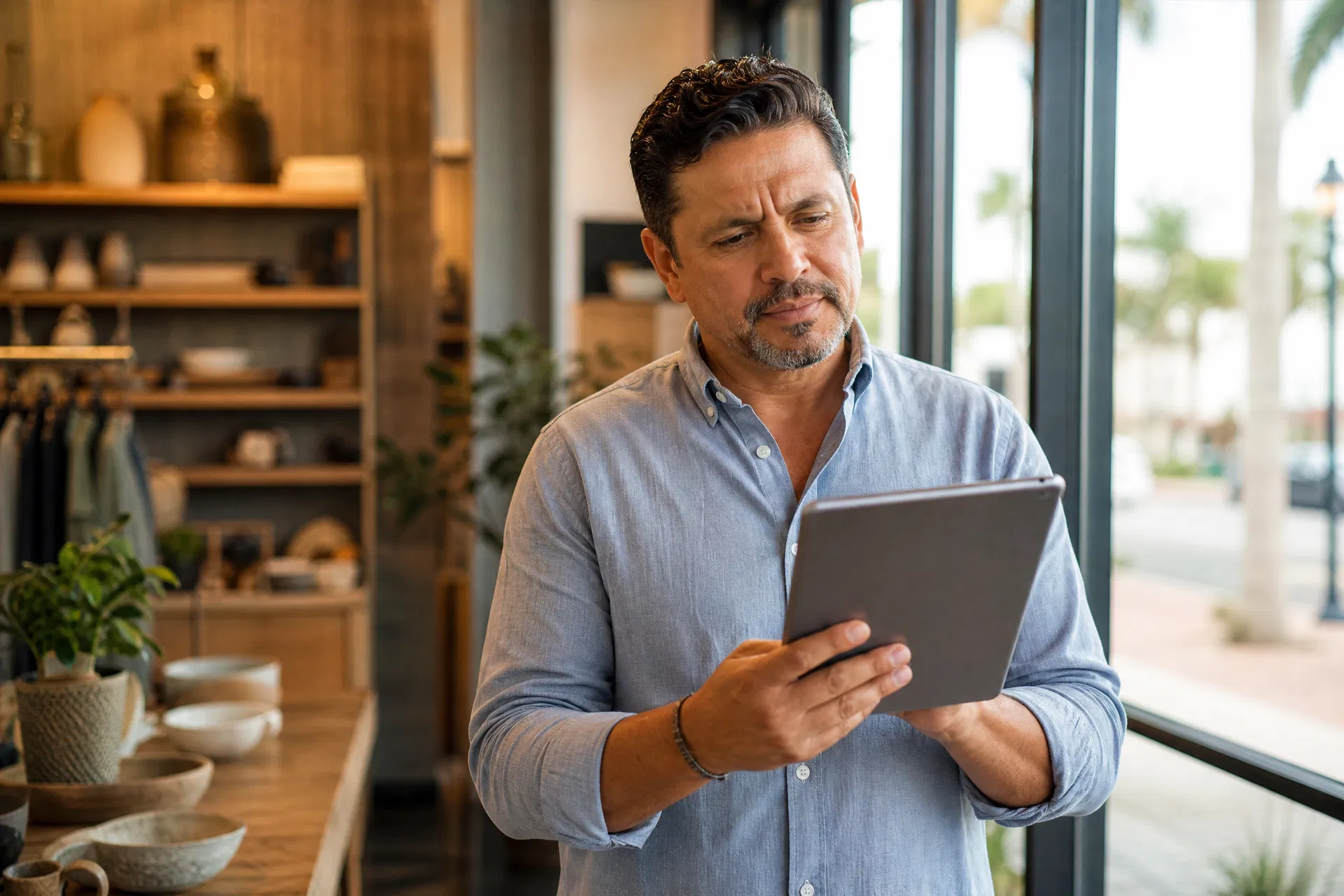 Sarasota business owner reviewing AI-generated marketing advice on a tablet in a modern office, looking thoughtful