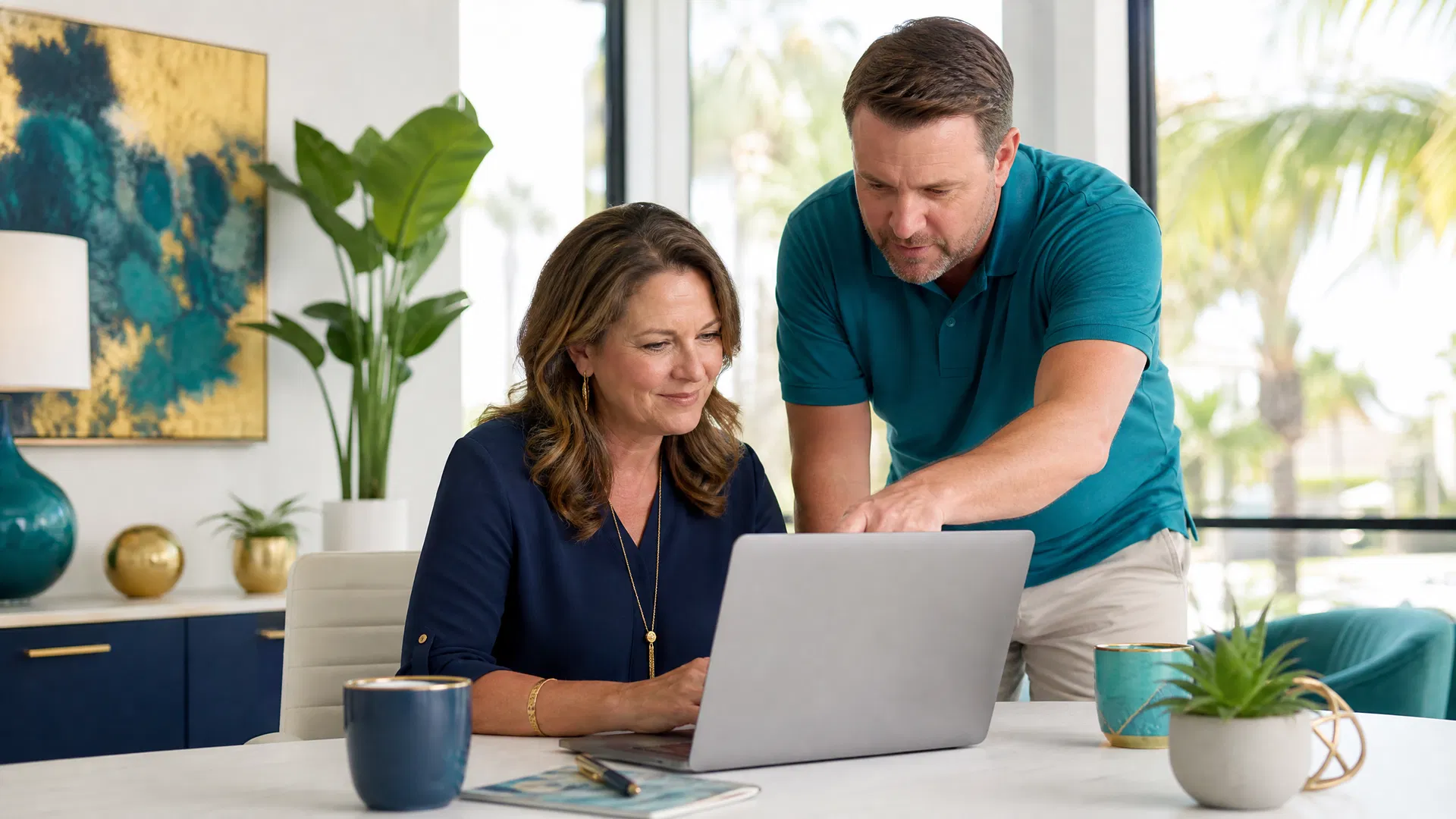 Two business owners reviewing AI marketing tools on a laptop in a sunlit Southwest Florida office with palm trees visible through the window