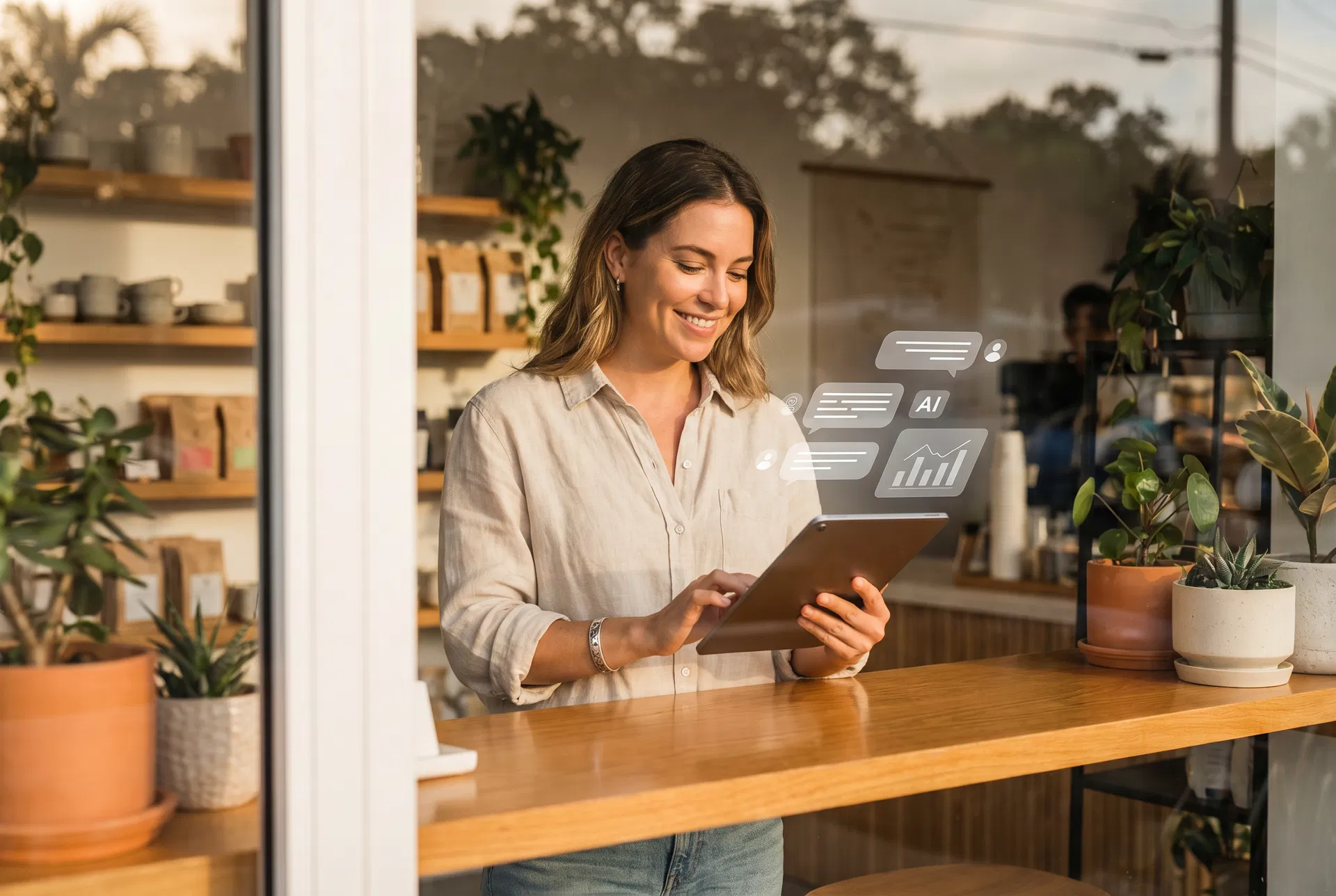 Small business owner smiling while using a tablet with AI interface elements in a warm Sarasota storefront, surrounded by plants and natural light