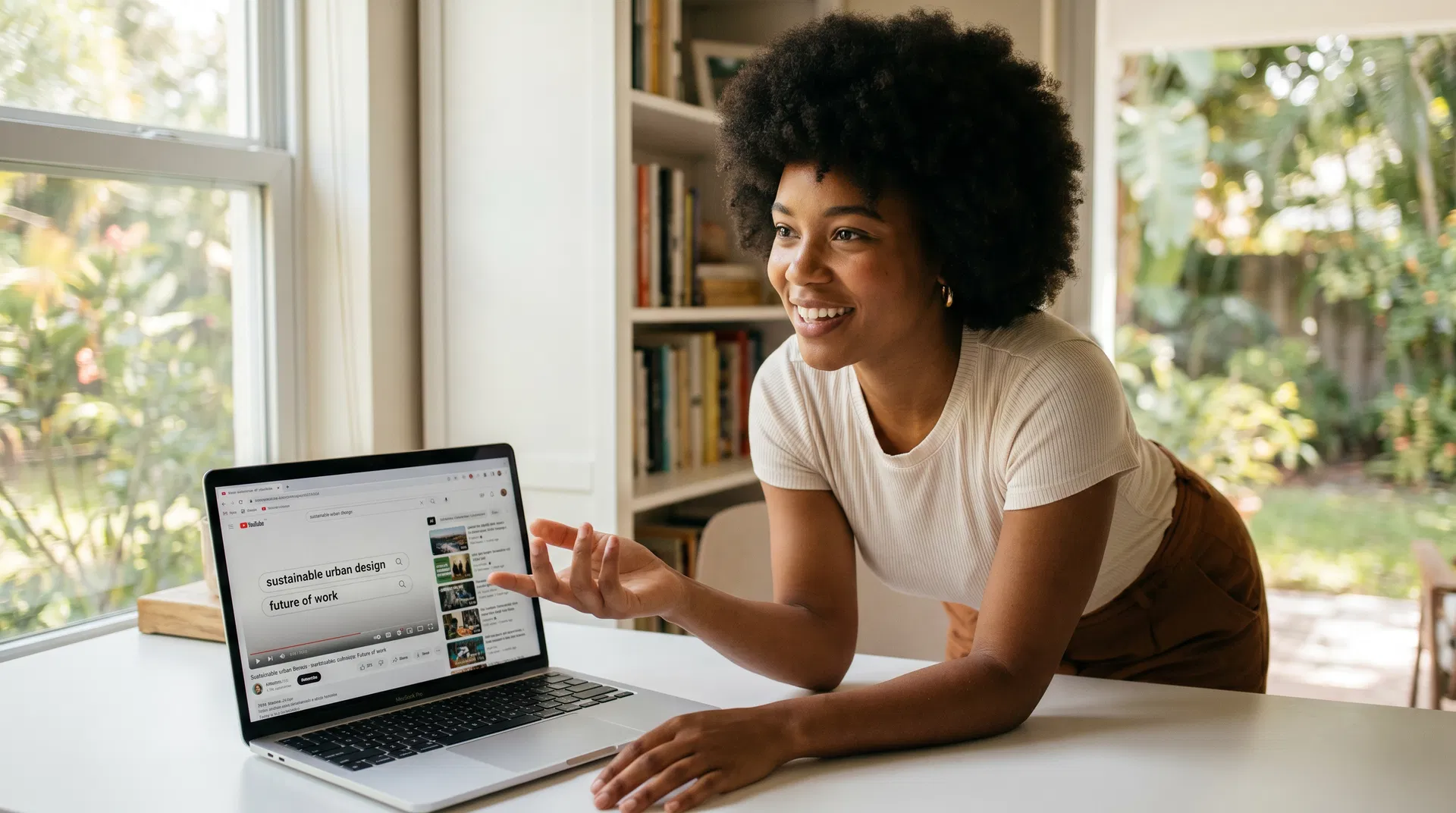 Marketing professional reviewing YouTube analytics on a laptop in a bright modern office, preparing video content strategy