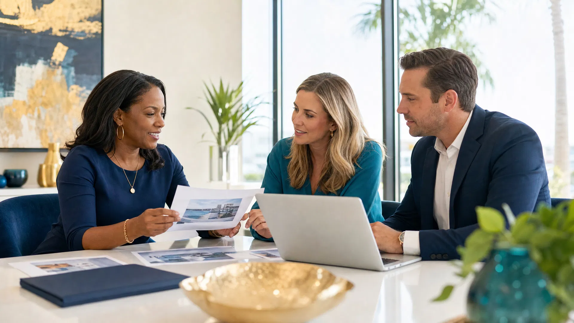 Sarasota business owner reviewing marketing proposals with agency professionals in a bright modern office with palm trees visible outside