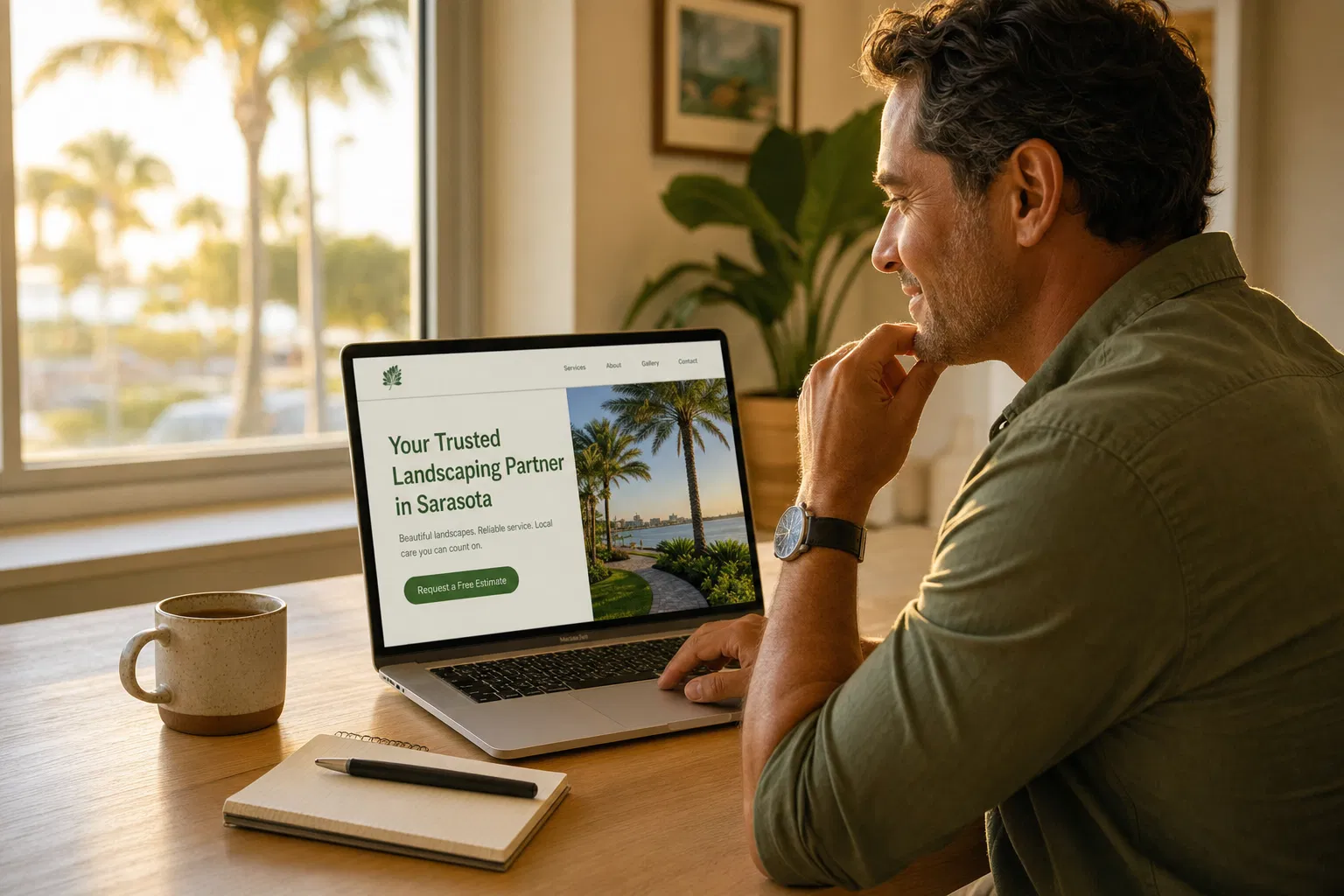 Sarasota business owner reviewing a clear, simple website design on a laptop in a sunlit office