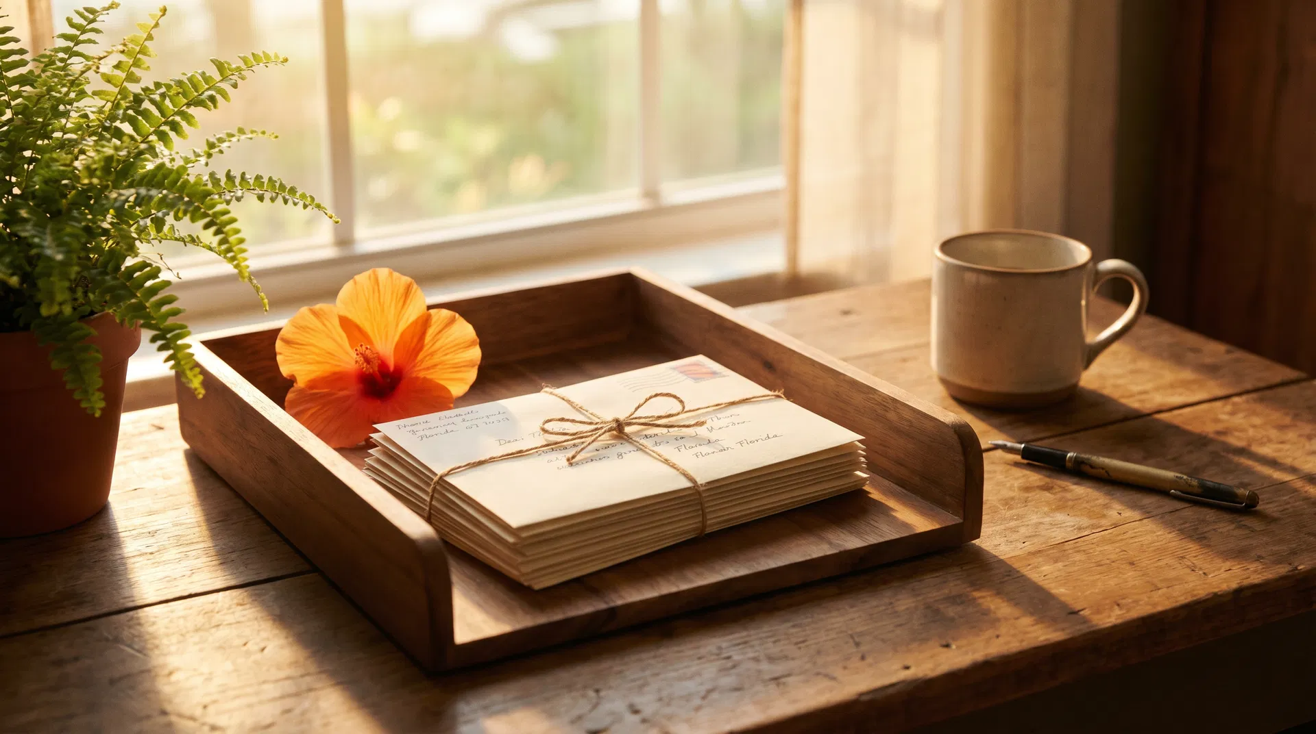 A warm editorial still-life of handwritten envelopes tied with twine in a wooden inbox tray, with an orange hibiscus flower and a fern on a sunlit Florida office desk