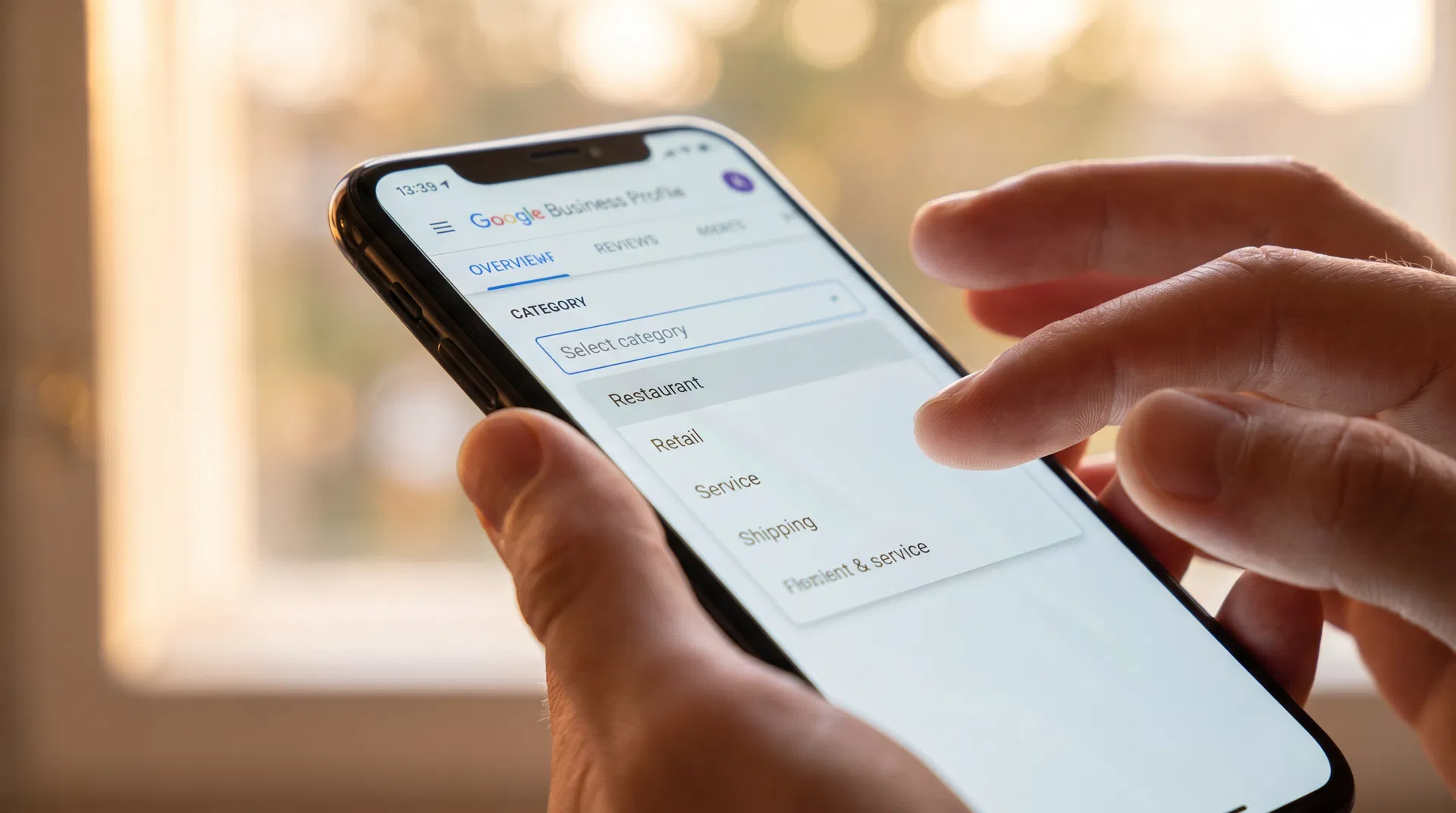 Macro close-up photograph of a smartphone screen displaying Google Business Profile category selection, with shallow depth of field and warm bokeh background