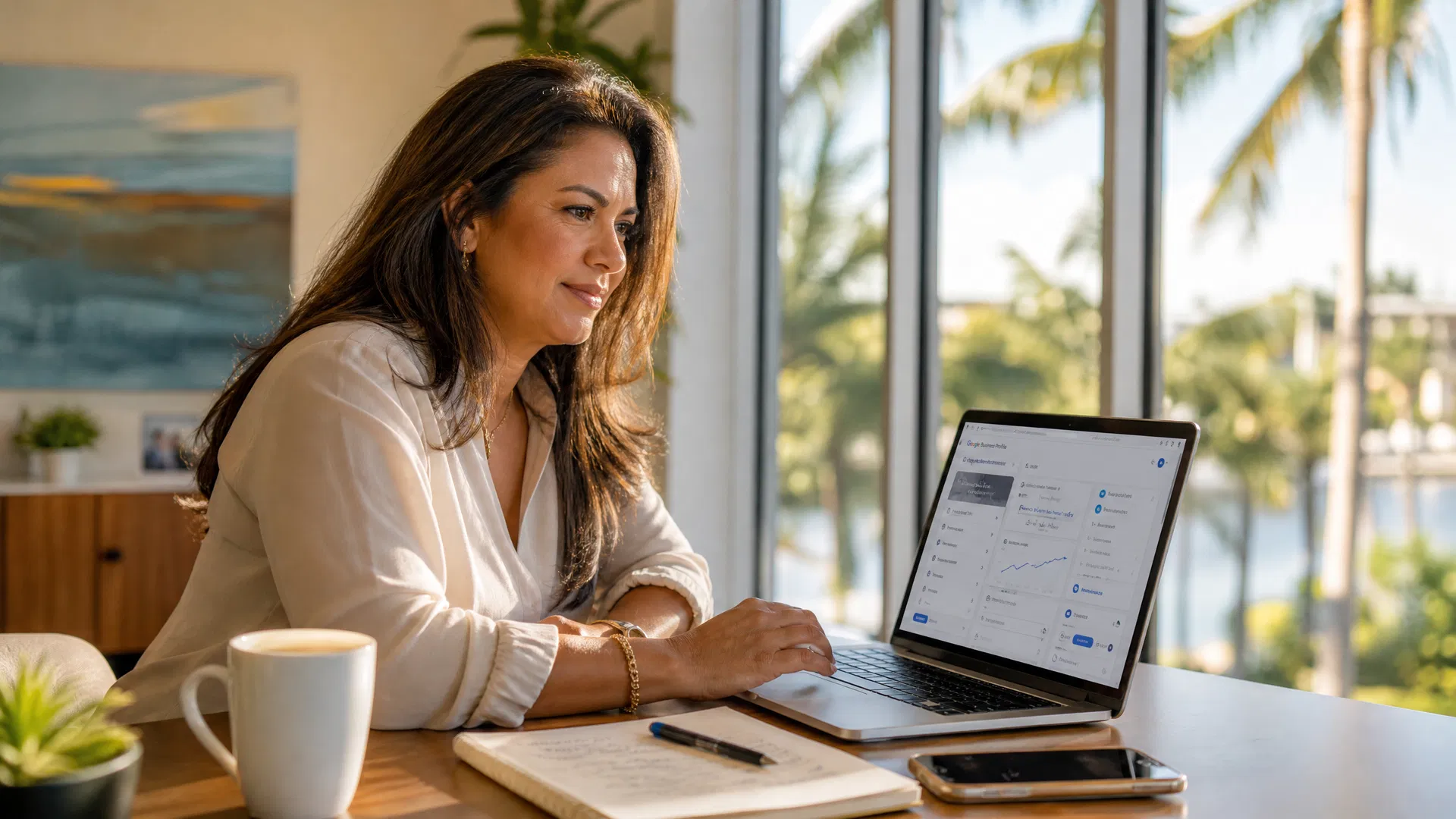 Sarasota business owner reviewing their Google Business Profile on a laptop in a bright Florida office