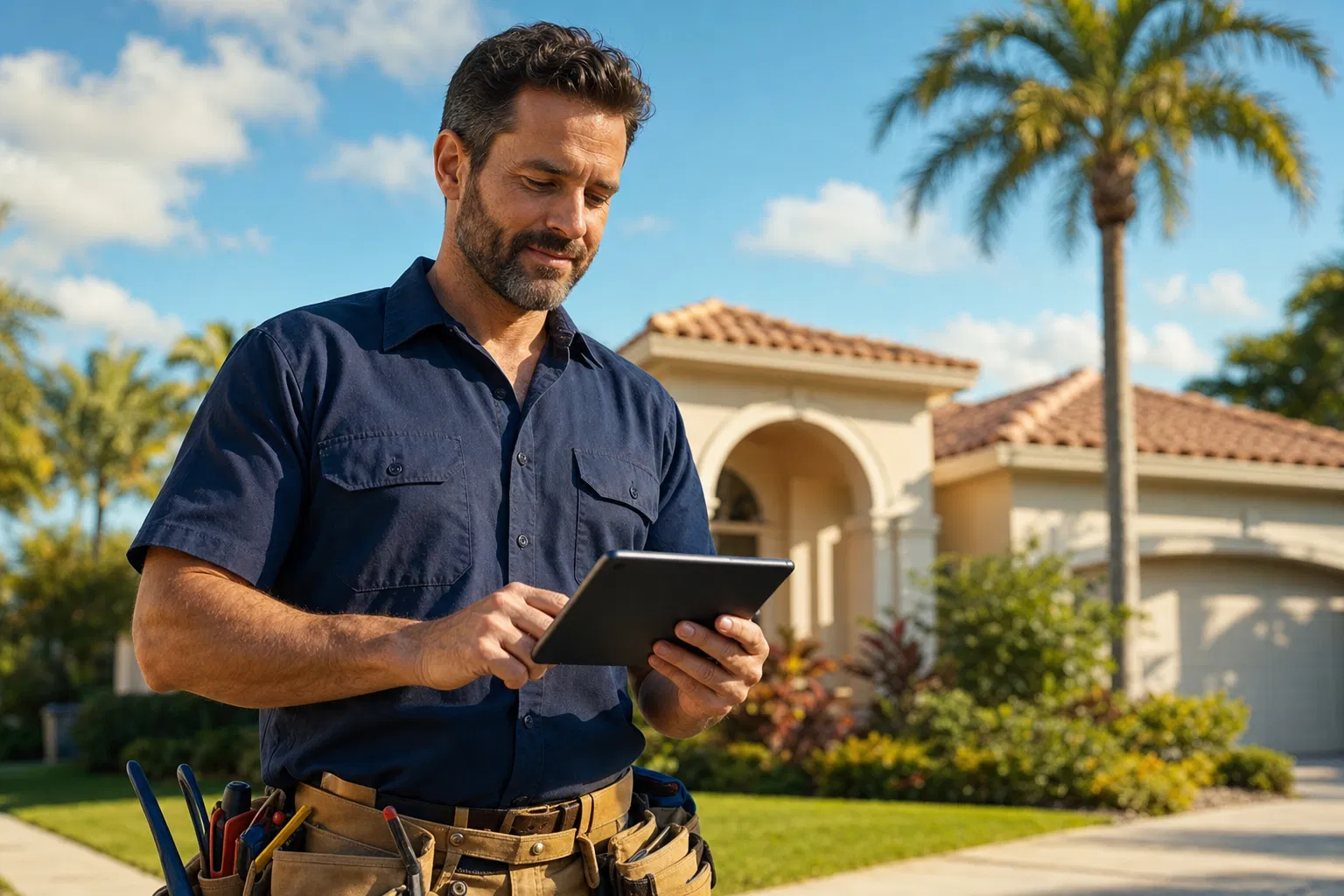 Home service contractor reviewing job leads on a tablet outside a Florida home with palm trees, preparing for hurricane season