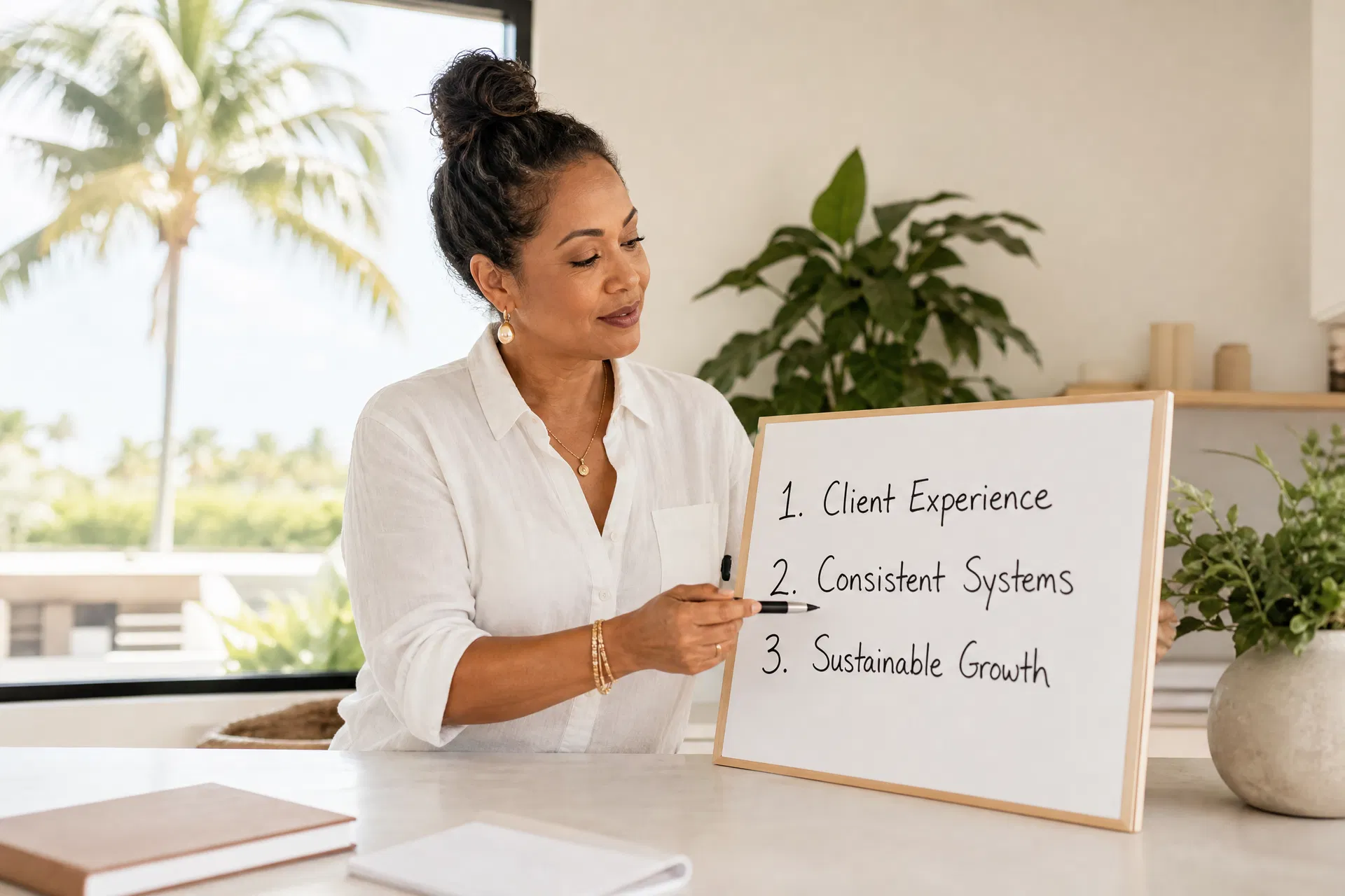 Sarasota small business owner reviewing a clear, focused marketing plan at a bright modern desk
