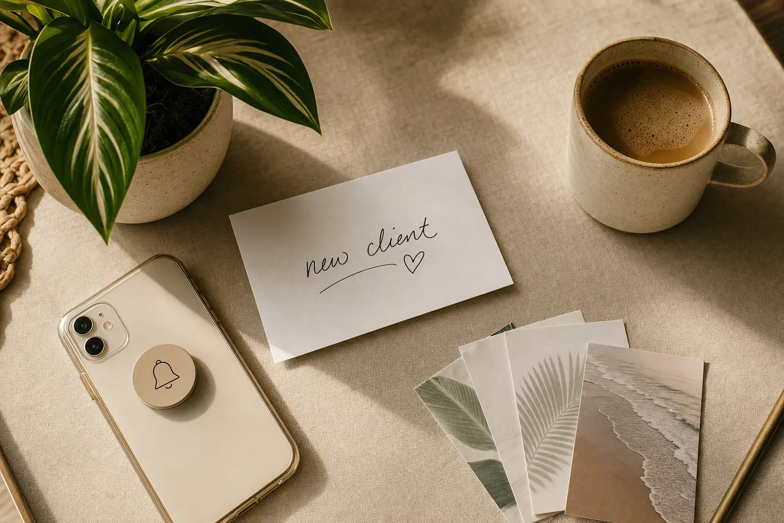 Warm flat-lay with a new client note card, tropical plant, business cards, and coffee cup on a cream linen surface