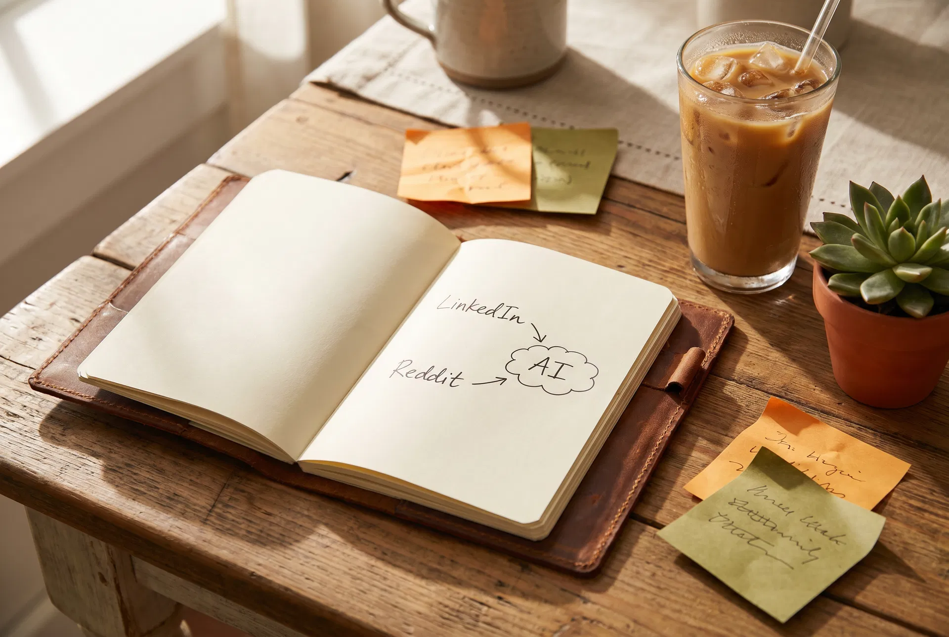 Open notebook on a sunlit wooden desk with LinkedIn, Reddit, and AI written in handwriting, surrounded by sticky notes, an iced coffee, and a succulent plant