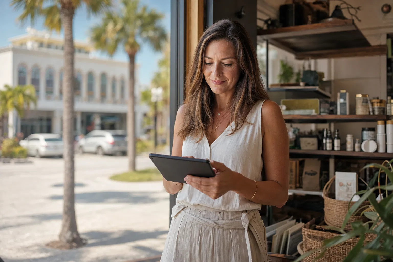 Sarasota business owner reviewing their online directory listings on a tablet in front of their shop