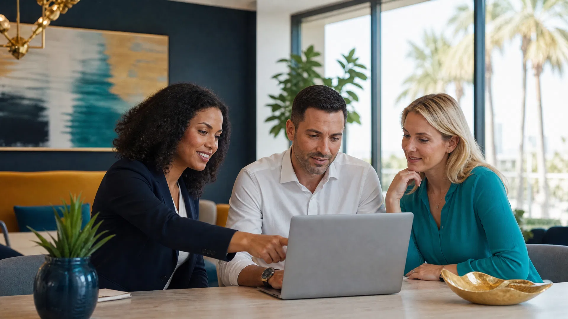 Marketing professionals reviewing local SEO strategy in a modern Sarasota office with palm trees visible through the window