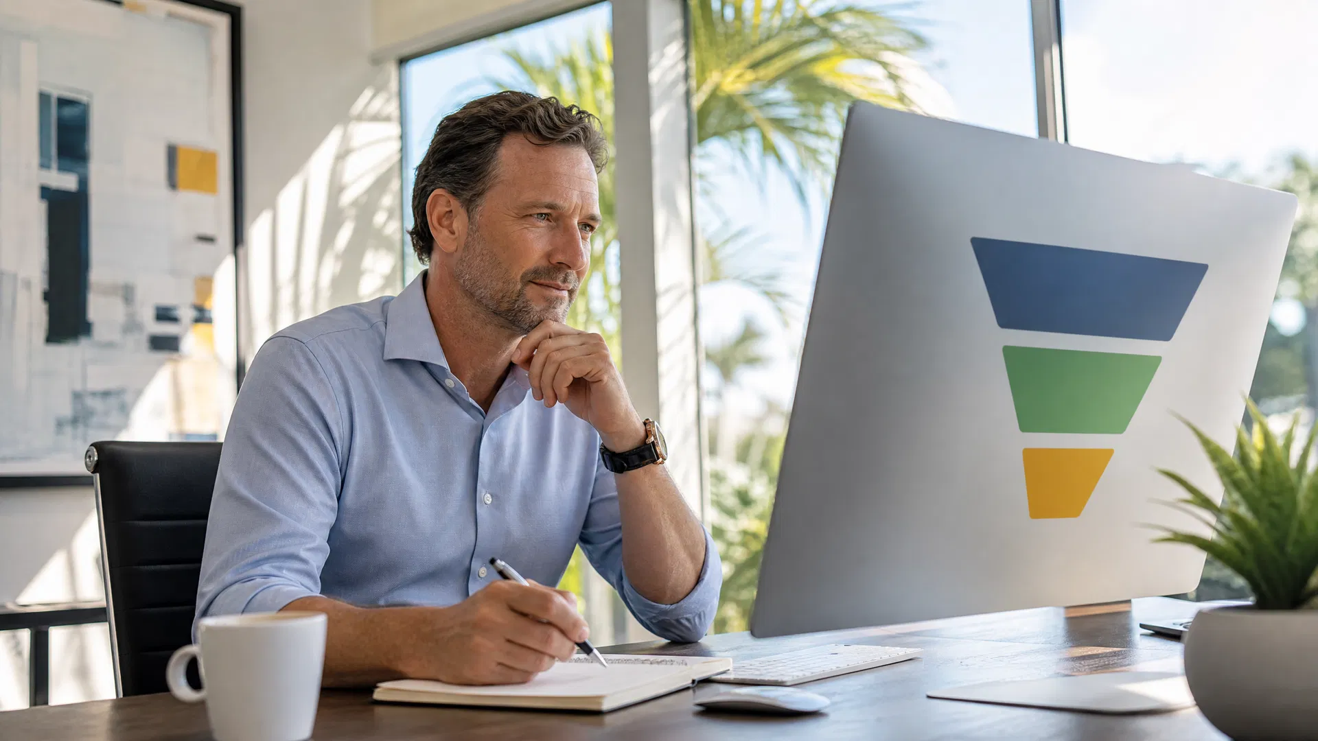 A Sarasota service business owner reviewing a marketing funnel diagram on a monitor in a bright Florida office with palm trees visible through the window