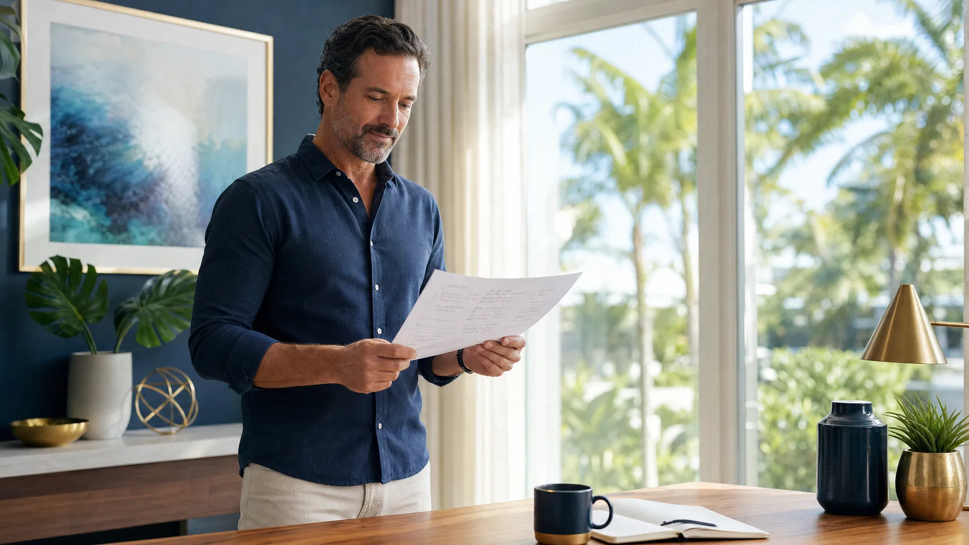 Sarasota business owner reviewing marketing performance data on a printed report in a bright modern office with palm trees visible through the window
