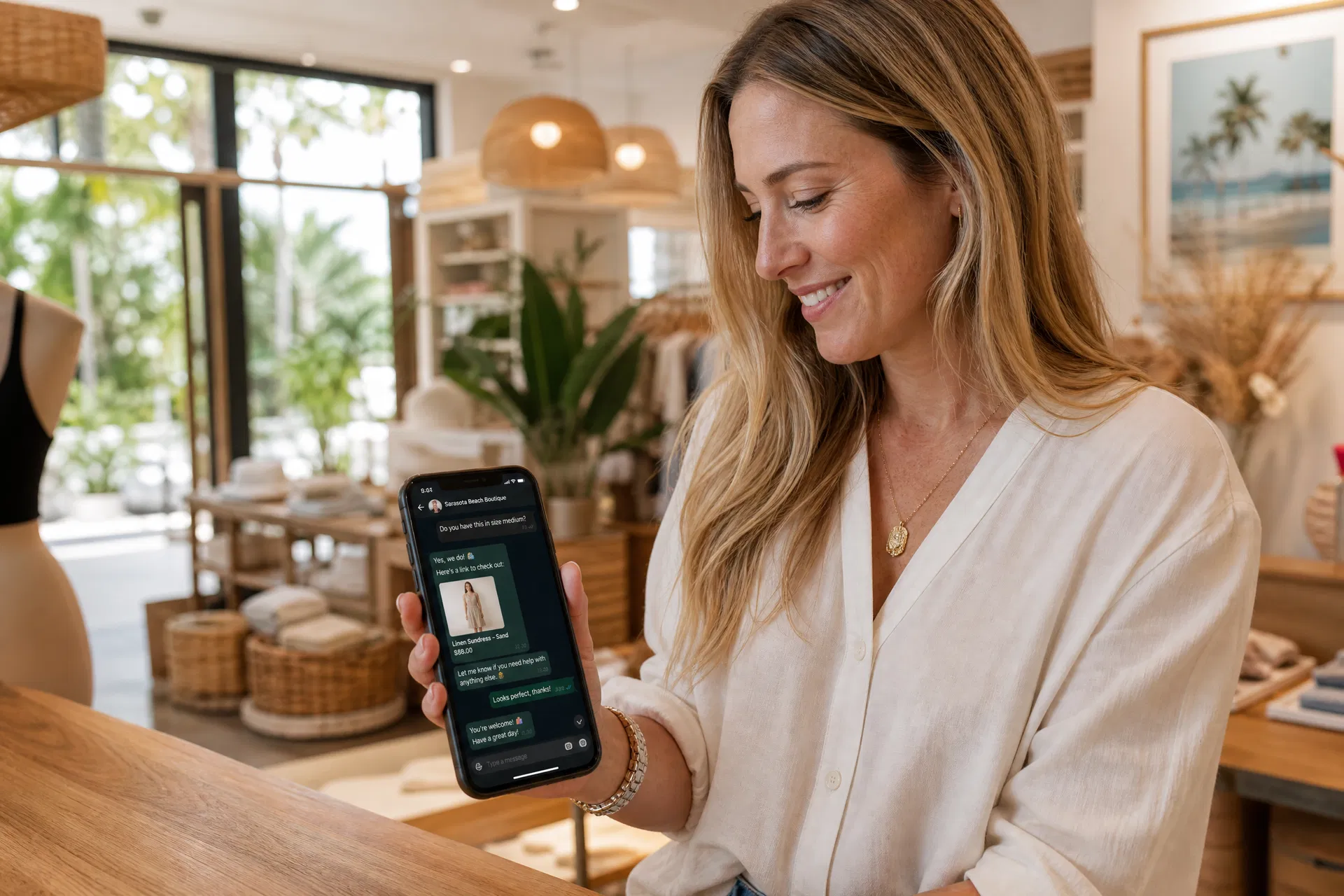 A Sarasota small business owner reviewing Meta Business Agent setup on a smartphone in a bright modern shop