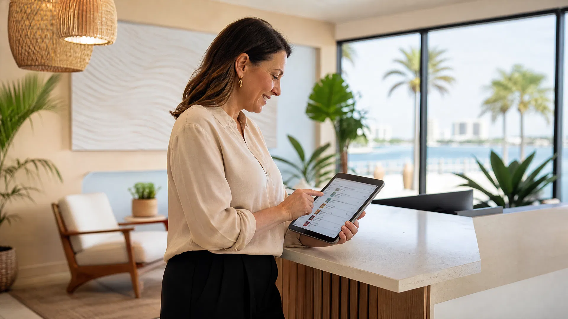 Sarasota business owner reviewing online directory listings on a tablet in a bright modern office
