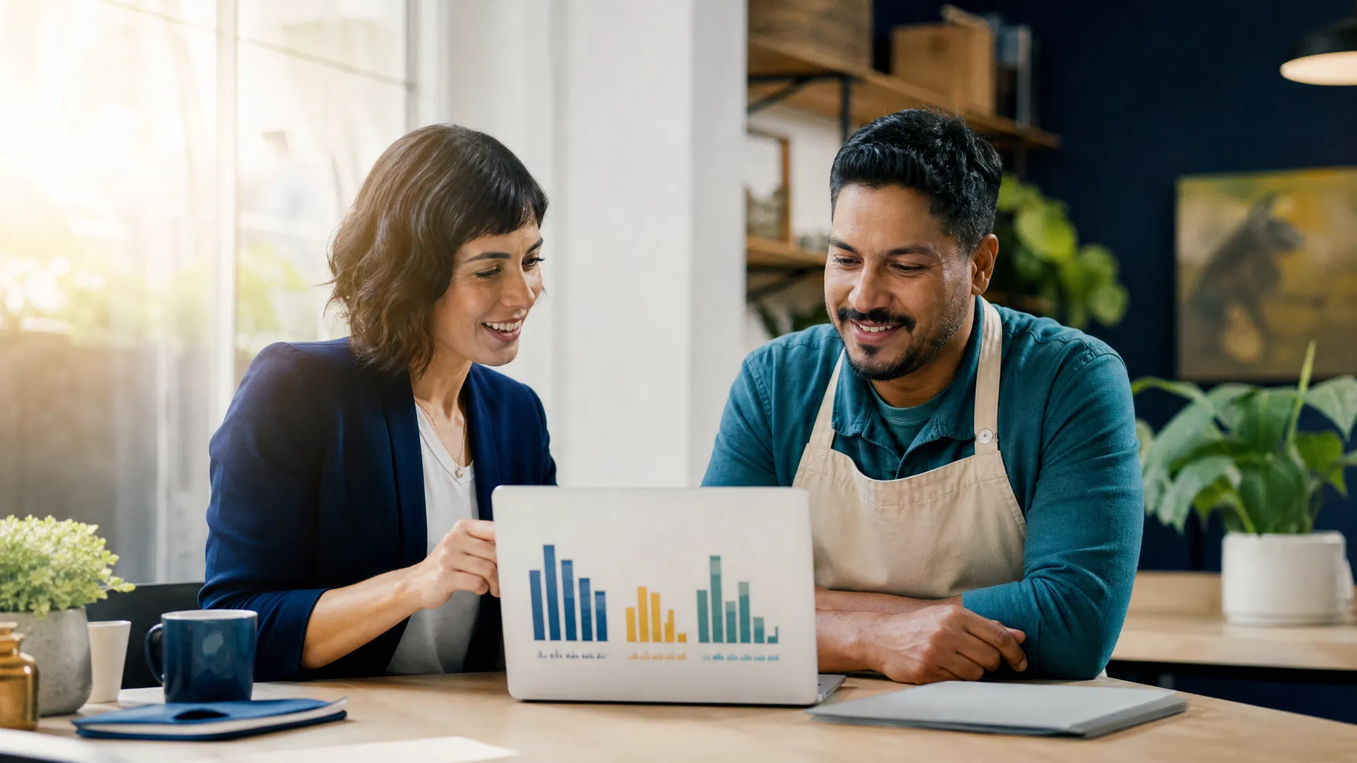A Sarasota marketing consultant and small business owner reviewing SEO, Google Ads, and AI visibility analytics on a laptop in a sunlit office