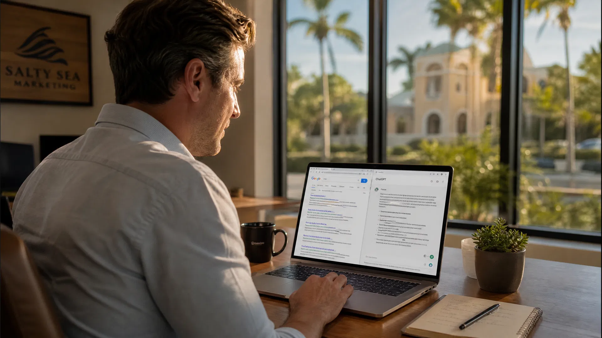 Marketing professional reviewing SEO and AI search analytics on a laptop in a bright Sarasota office, natural light streaming through windows