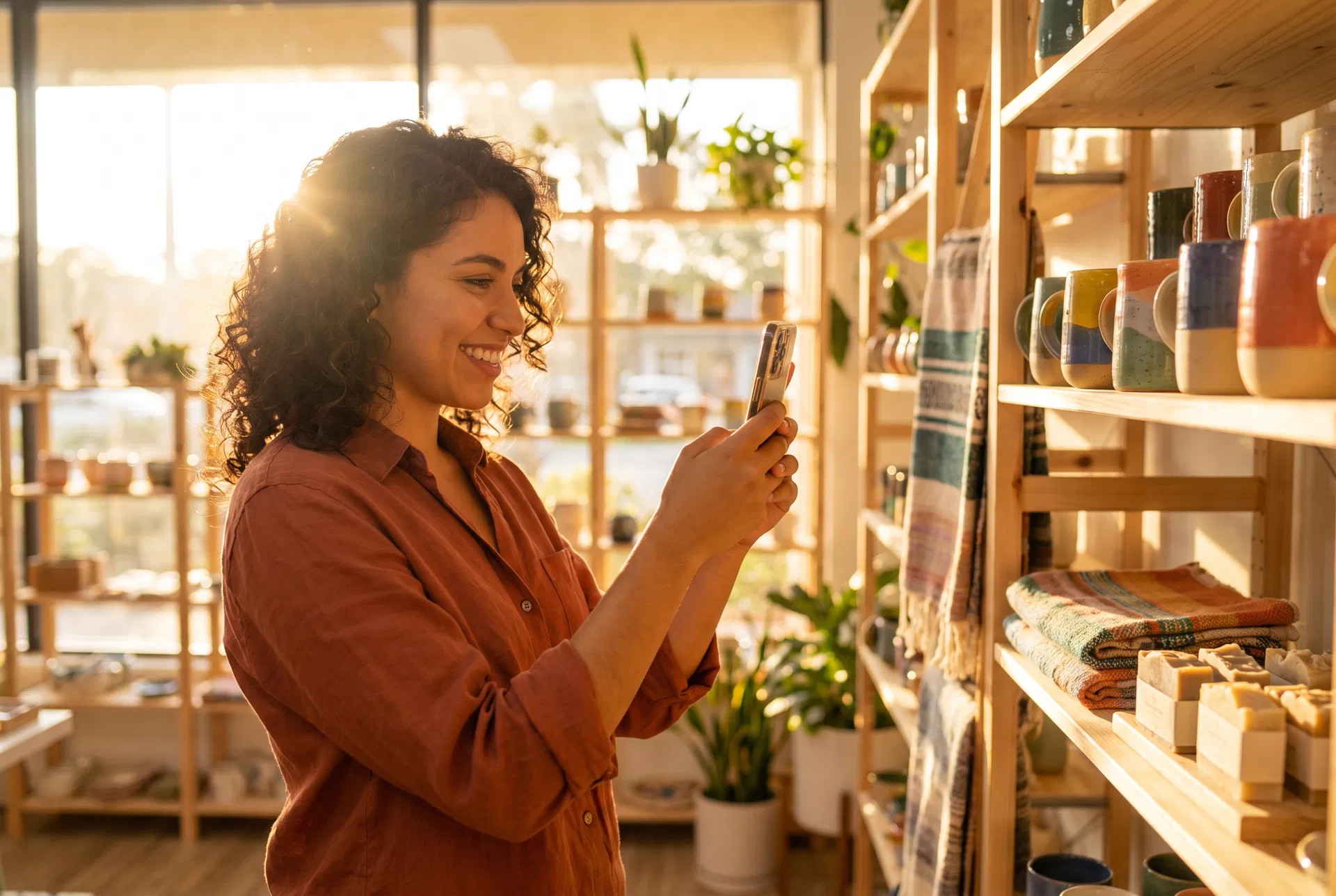 Warm editorial photograph of a Sarasota small business owner filming a short-form video in their shop, with natural sunlight streaming through the window