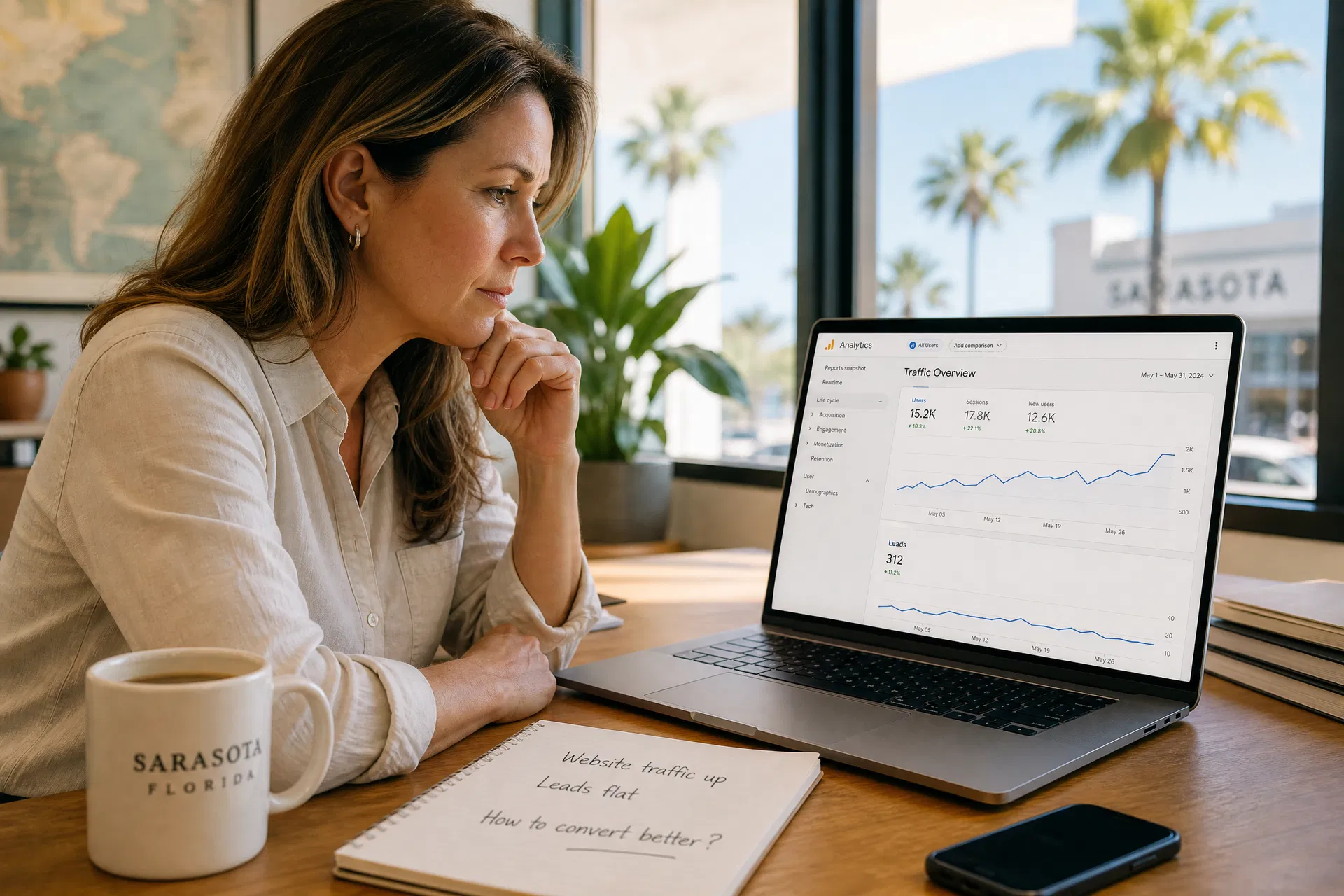 Sarasota business owner reviewing Google Analytics dashboard showing high traffic but flat leads line, with palm trees visible through office window