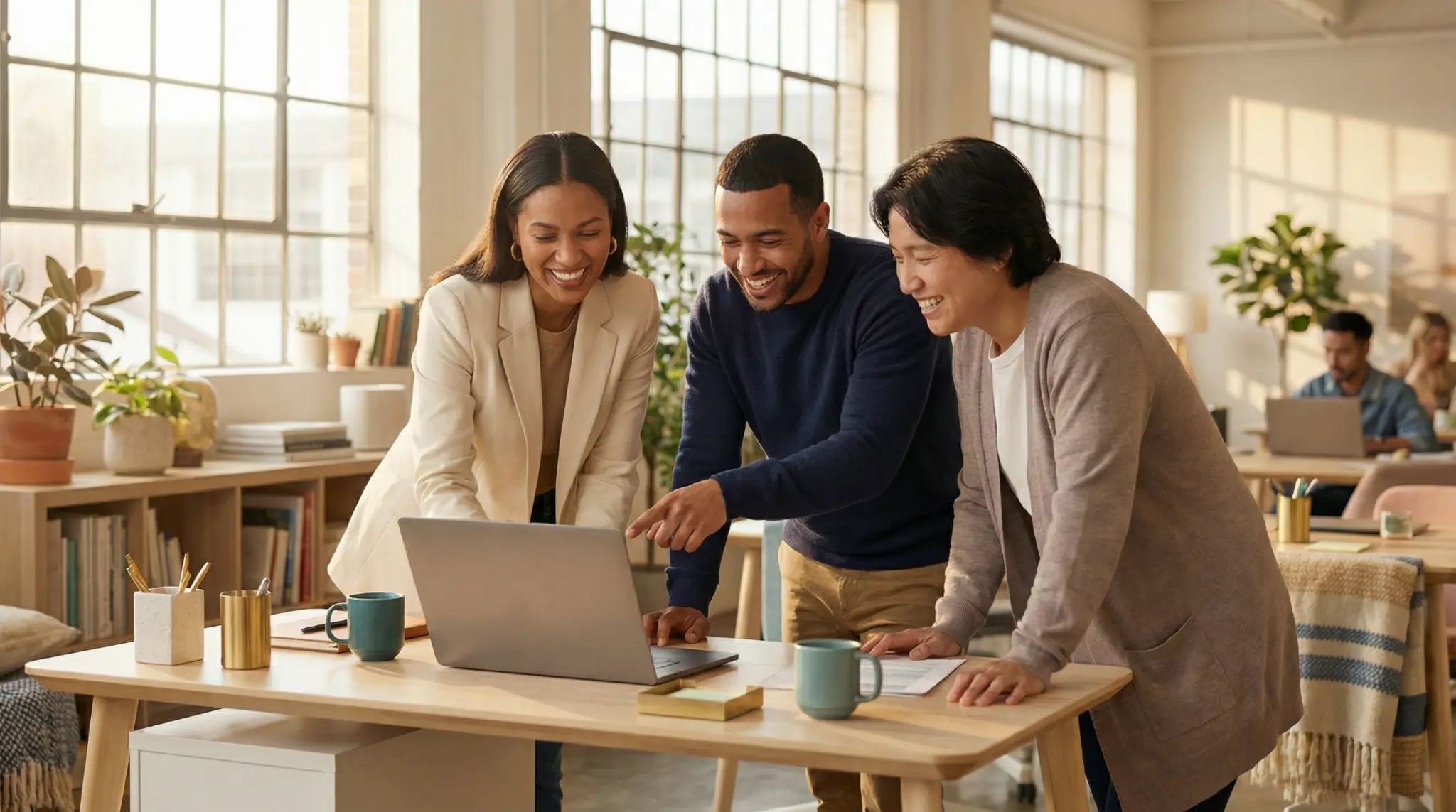 Three business professionals reviewing marketing trends 2026 on a laptop in a bright modern office