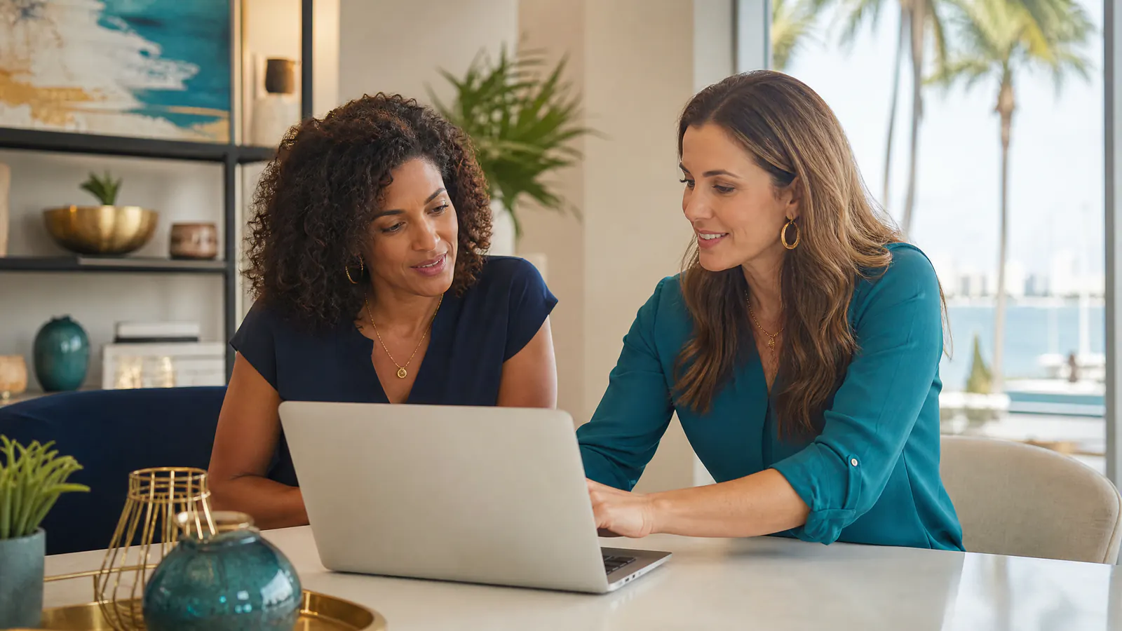 Two marketing professionals reviewing lead source analytics together on a laptop in a bright Sarasota office with palm trees visible through the window