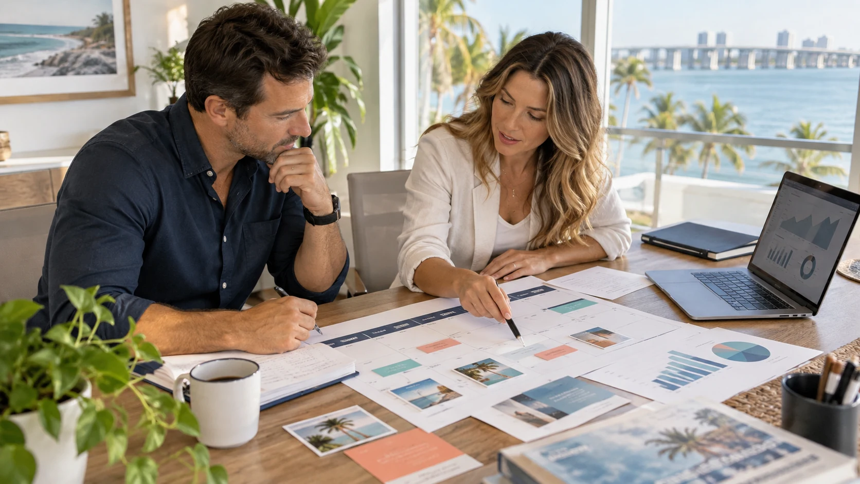 Small-business leadership team assigning owners and next actions on a customer journey plan in a bright meeting room