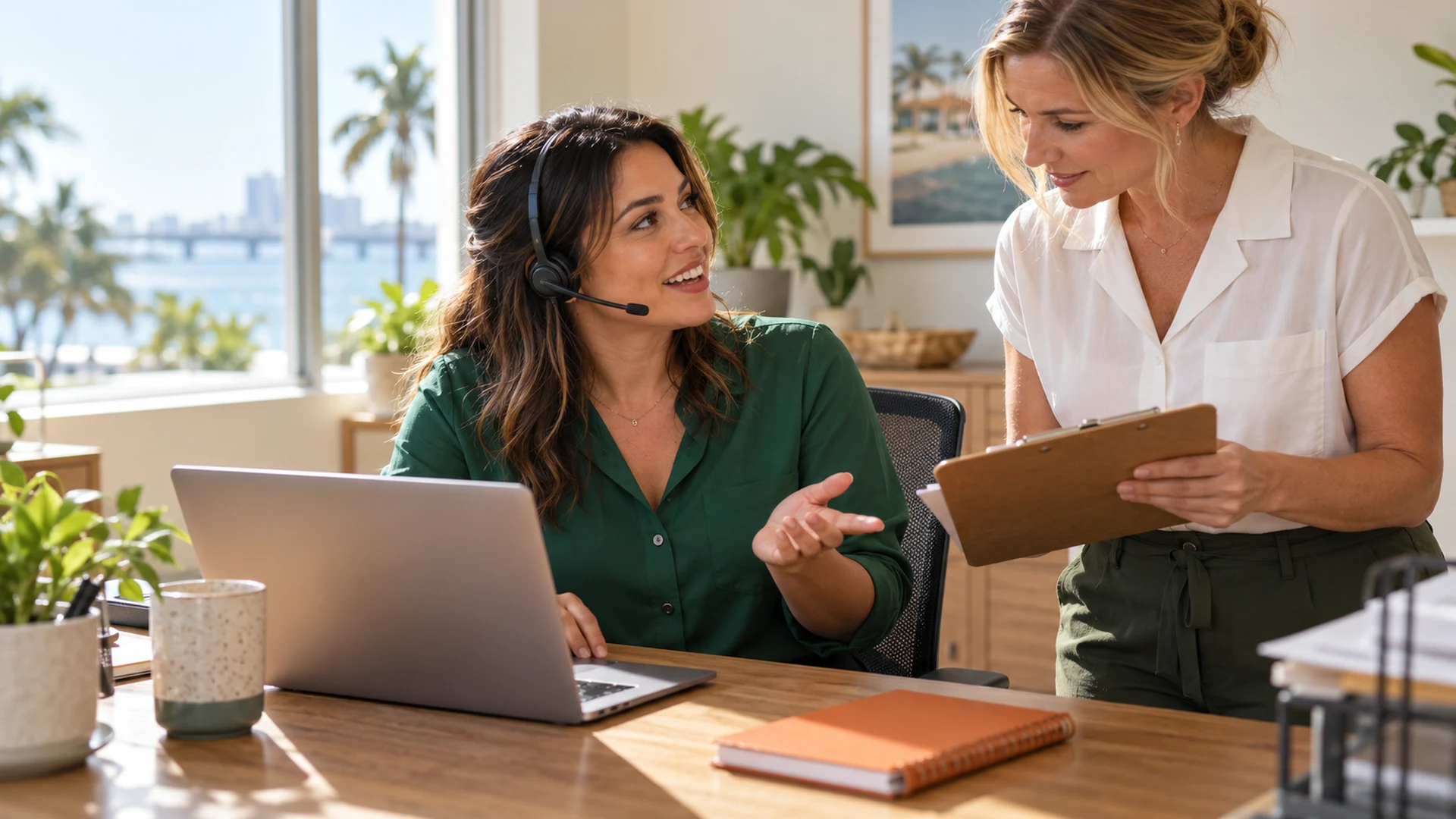 Service-business coordinator wearing a headset discussing a customer request with a colleague holding a clipboard