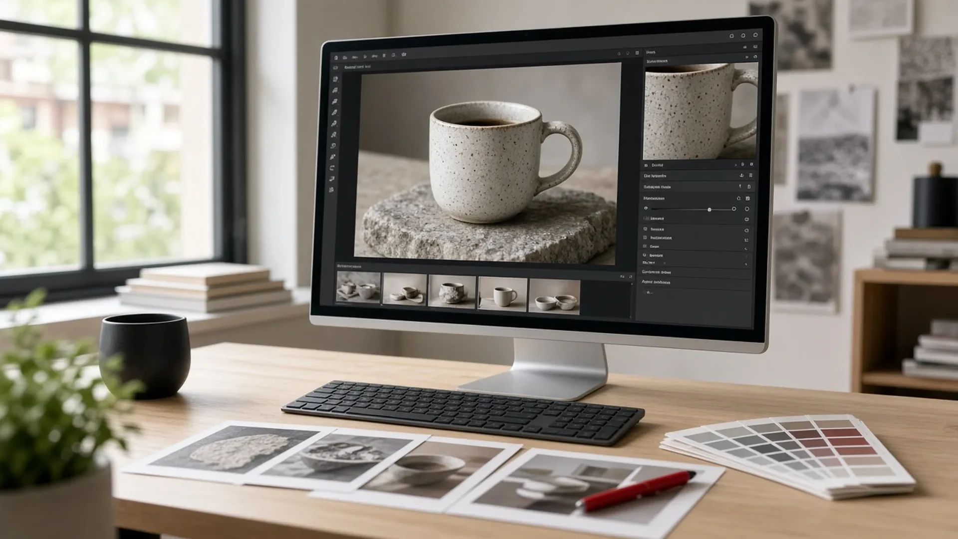 Designer's desk with a monitor showing a ceramic mug photo being retouched, printed photo proofs and color swatches.