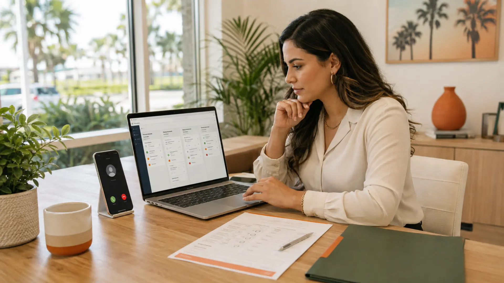 A Sarasota business owner reviewing a CRM pipeline beside a ringing smartphone, lead form, and closed-sale folder