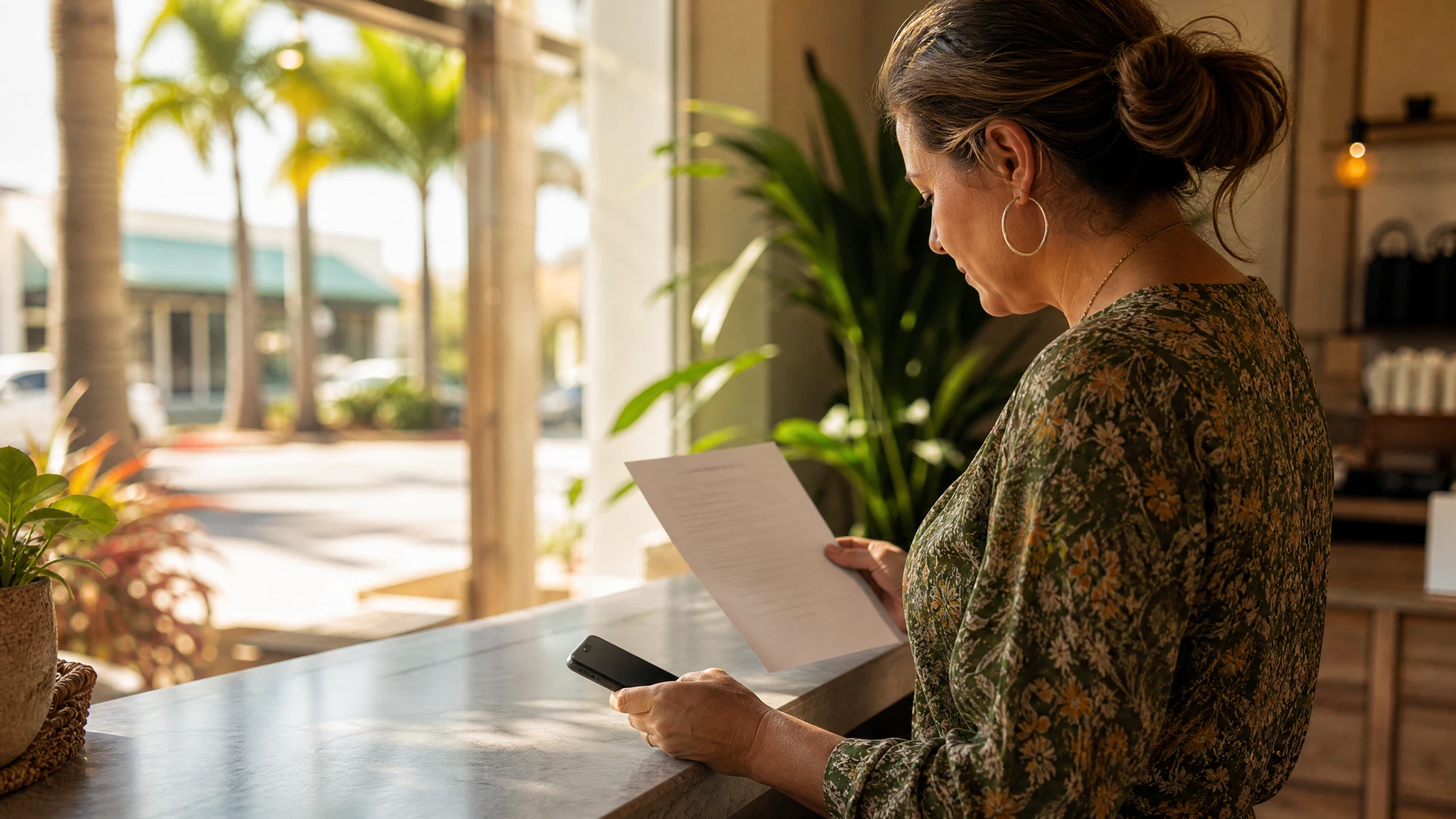 Sarasota small business owner reviewing a customer-feedback policy beside a smartphone in a sunlit storefront