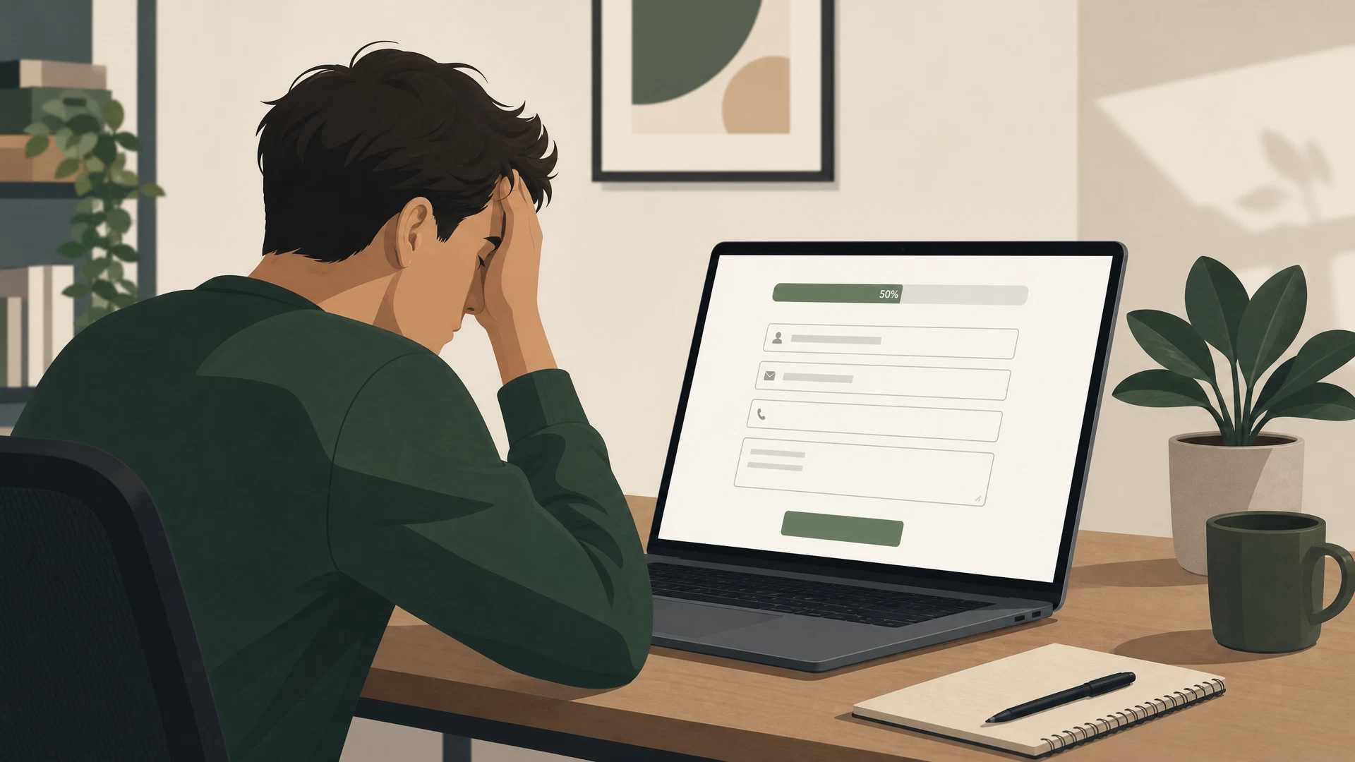 Person at laptop looking at a half-completed website contact form with a progress bar showing 50 percent