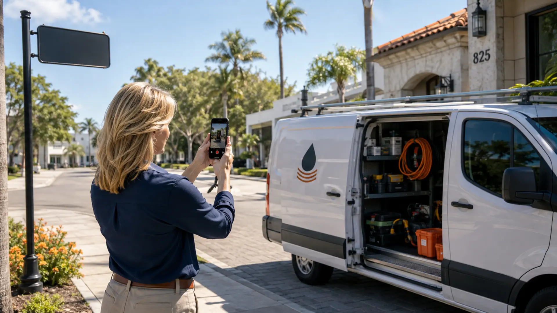 A service-area business owner recording a work van, business tools, building number, and nearby street sign for Google Business Profile video verification