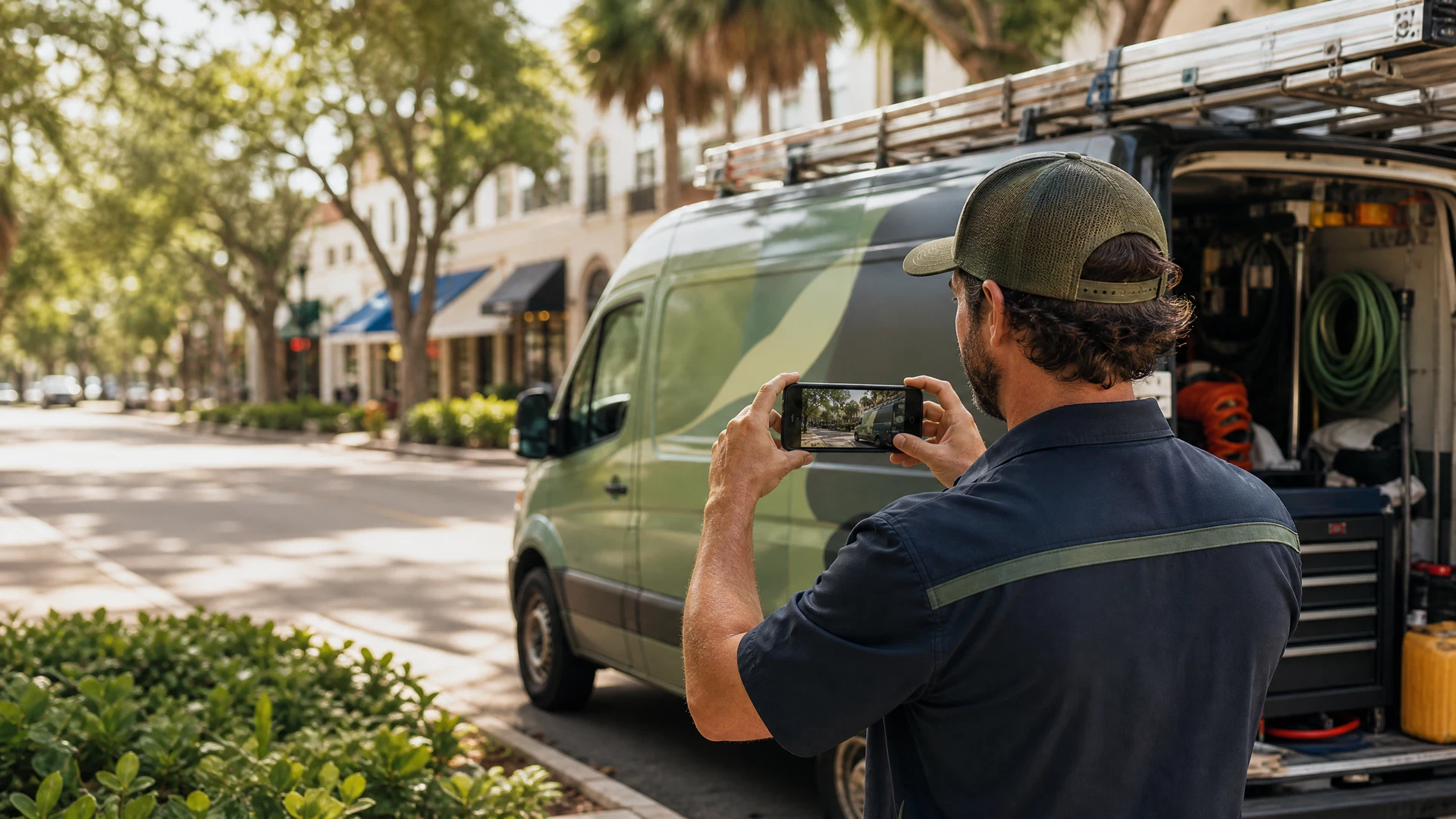A local service-business owner recording a branded work van and street sign with a smartphone for Google Business Profile video verification