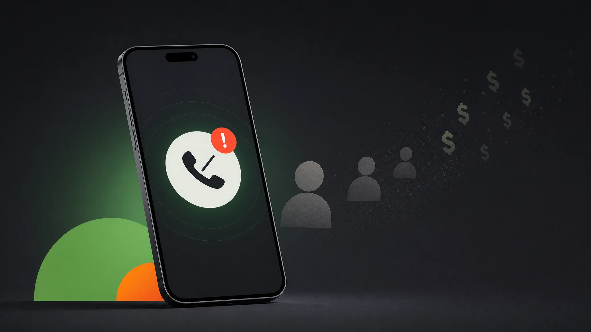 A smartphone on a dark background showing a missed call notification, with fading customer silhouettes suggesting lost revenue