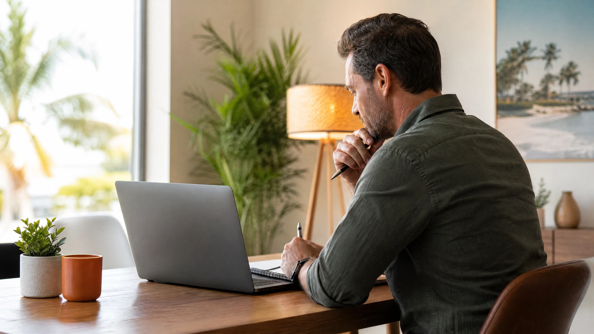 Sarasota small business owner thoughtfully reviewing customer feedback on a laptop in a warm, modern office