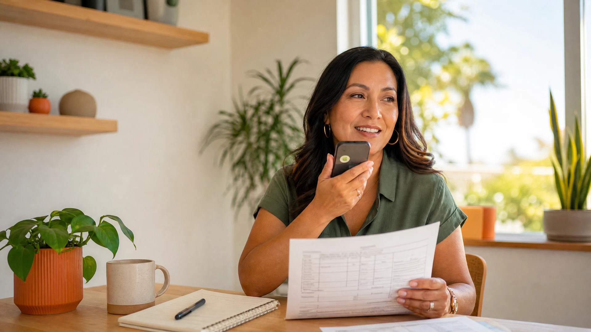A Sarasota service-business owner holding a completed work order and recording a customer follow-up message on a smartphone in a bright office