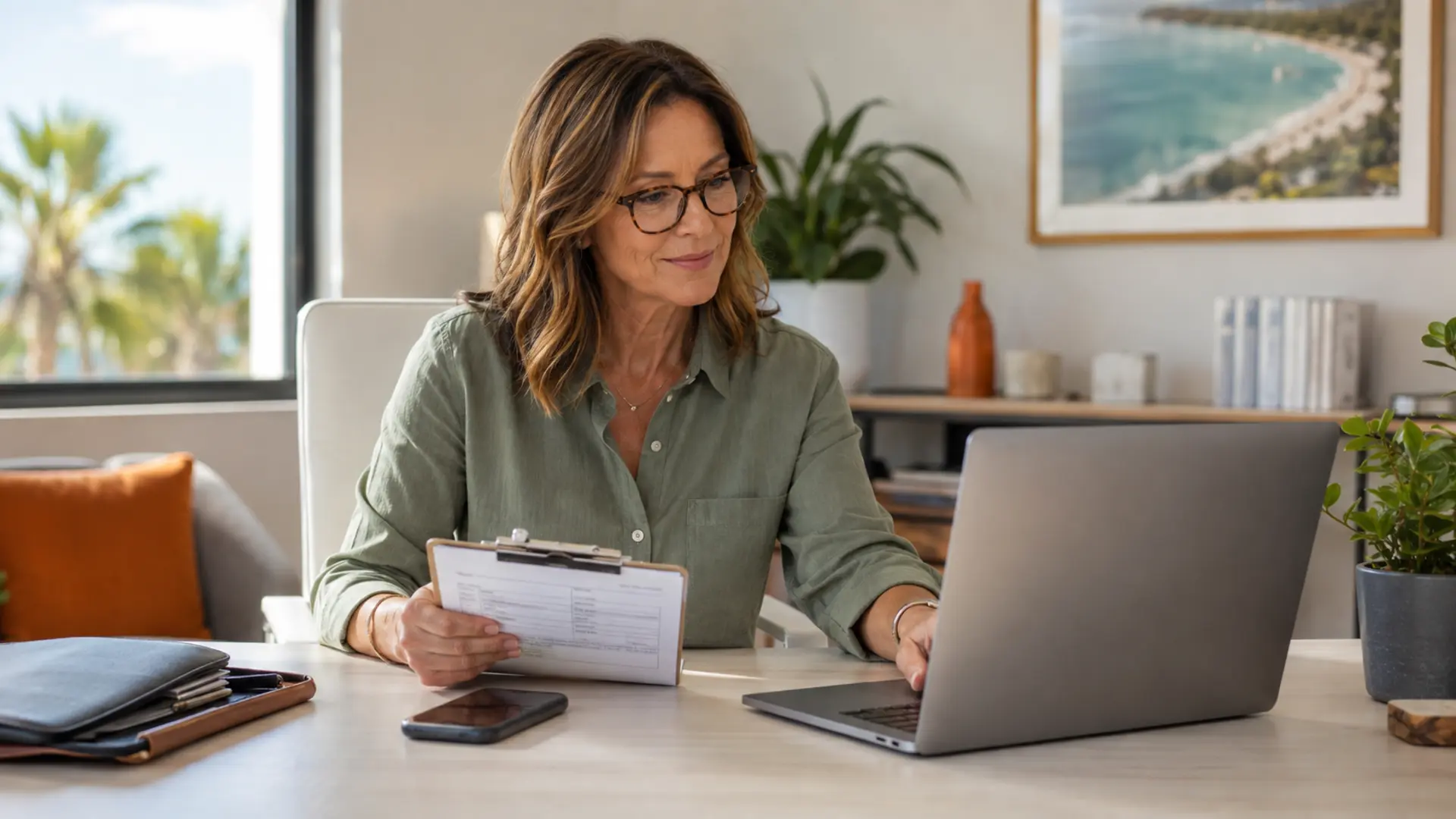 A Sarasota service-business owner reviewing a completed work order while sending a customer follow-up email from a laptop