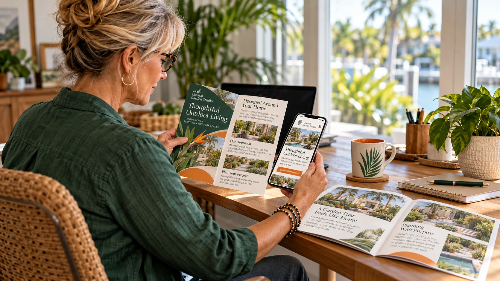 Business owner comparing coordinated green and orange marketing materials with a service page on her phone