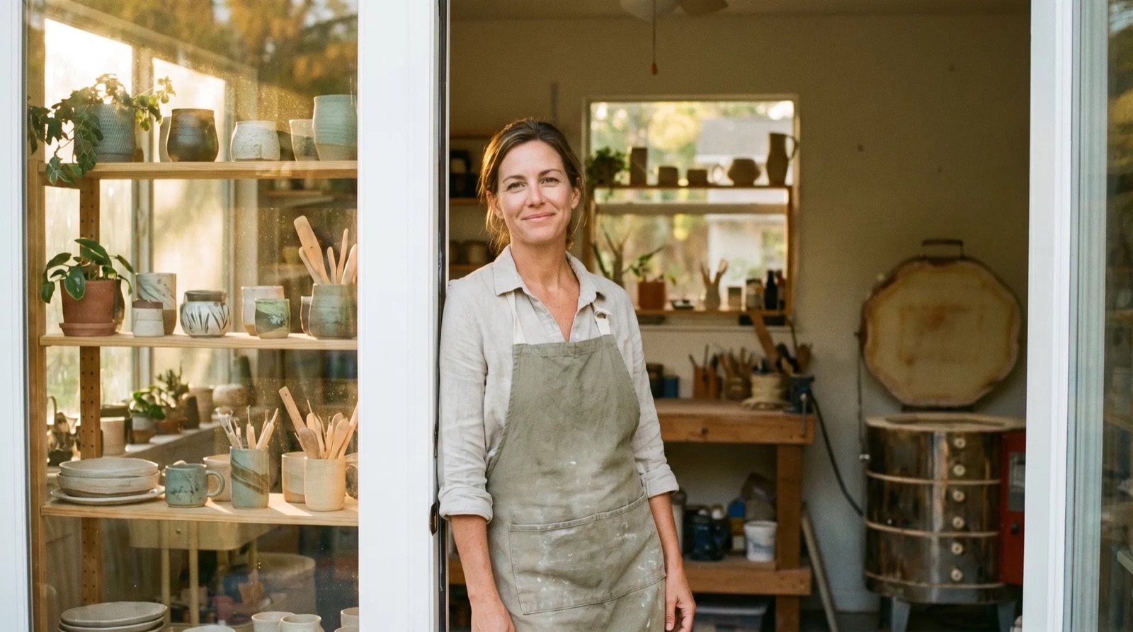 Sarasota business owner reviewing brand messaging notes at a warm wooden desk