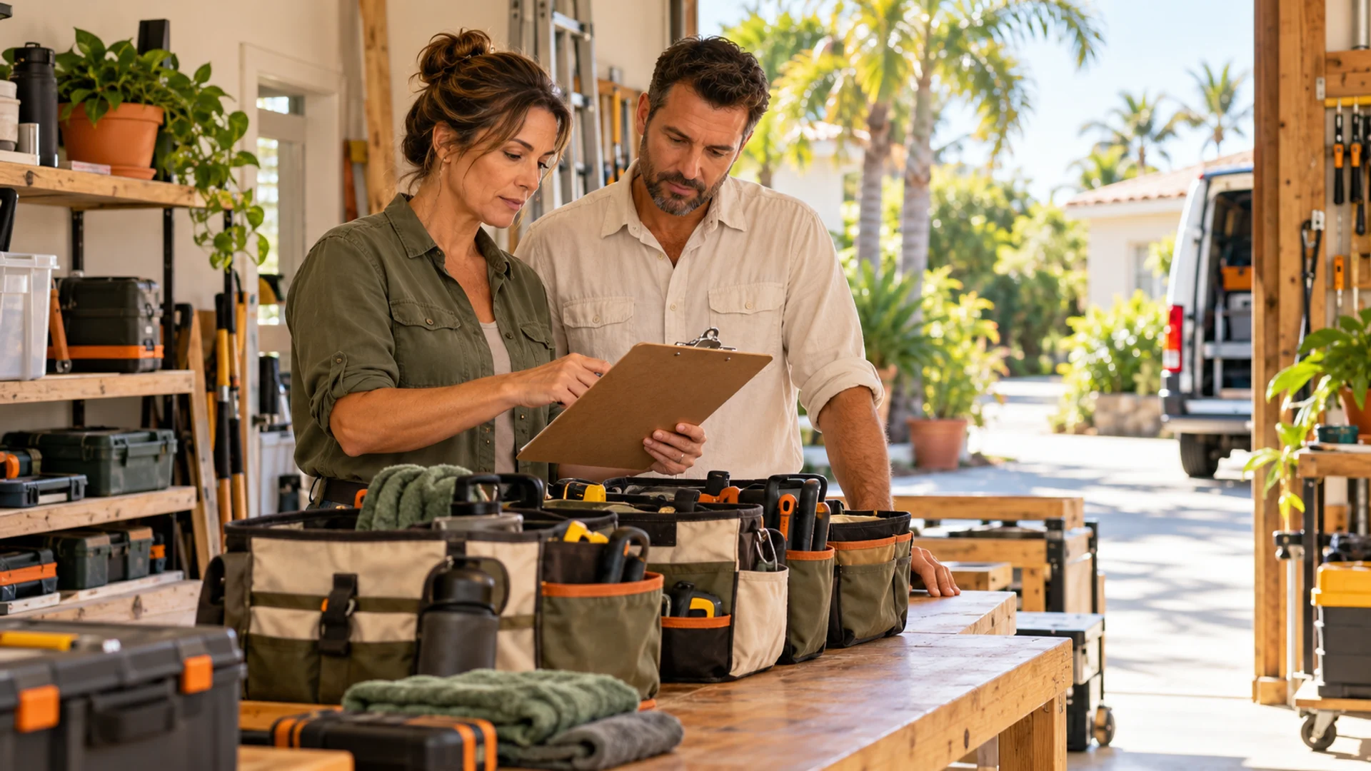 Two service business colleagues reviewing a clipboard beside prepared tool bags in a sunlit workshop