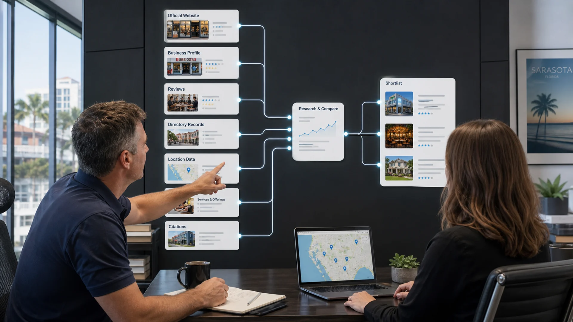 A Sarasota business owner and strategist reviewing how public websites, profiles, reviews, and citations support an AI-generated local shortlist