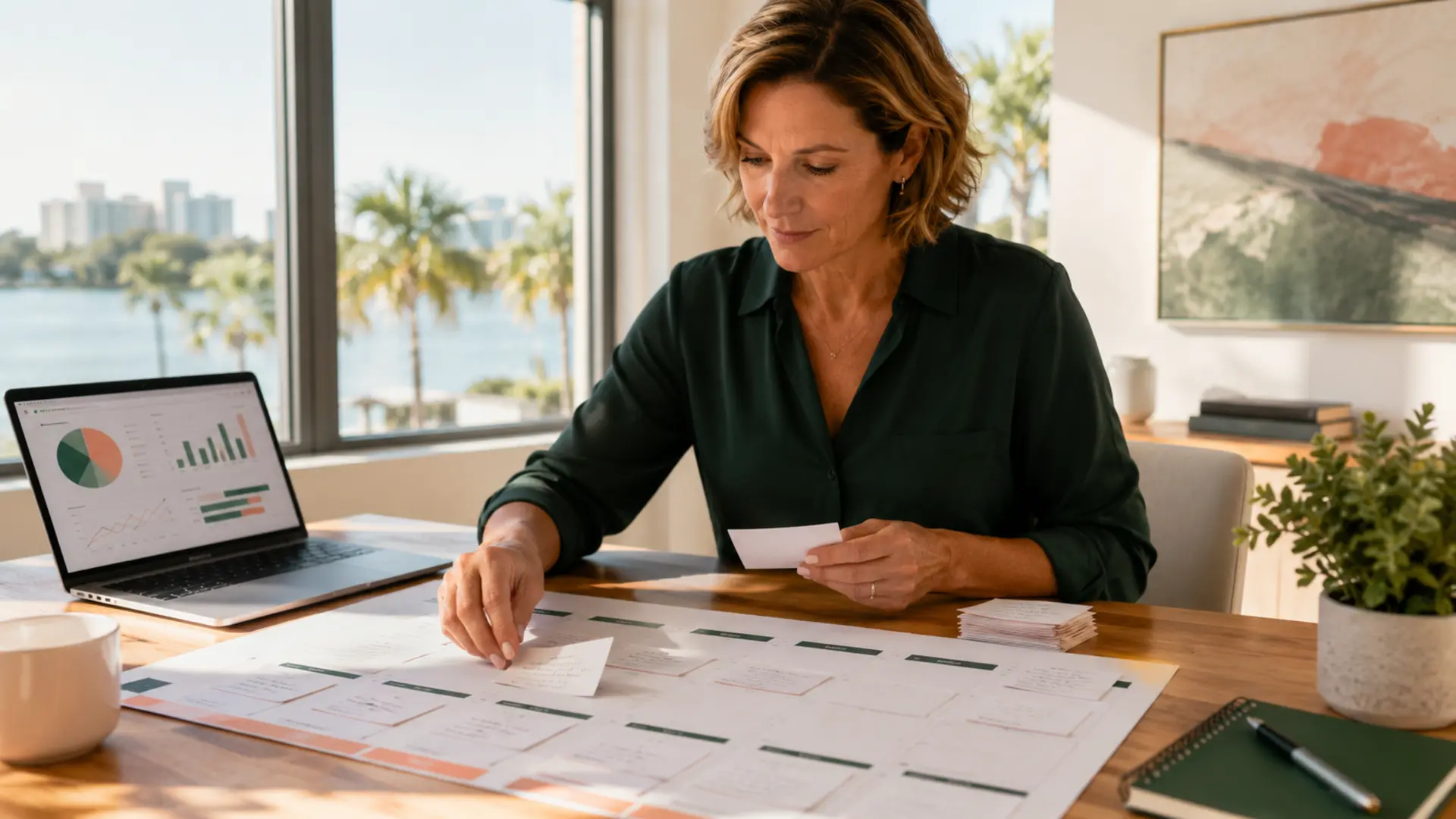 A Sarasota business owner organizing customer question cards into a 90-day content calendar at a sunlit desk