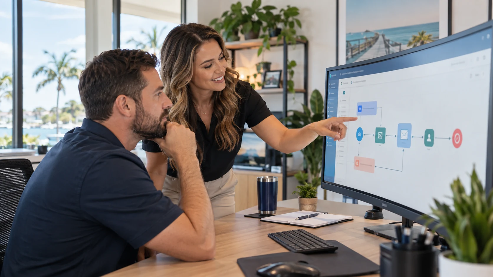 Small-business owner and technology advisor comparing connected marketing systems on a large office display